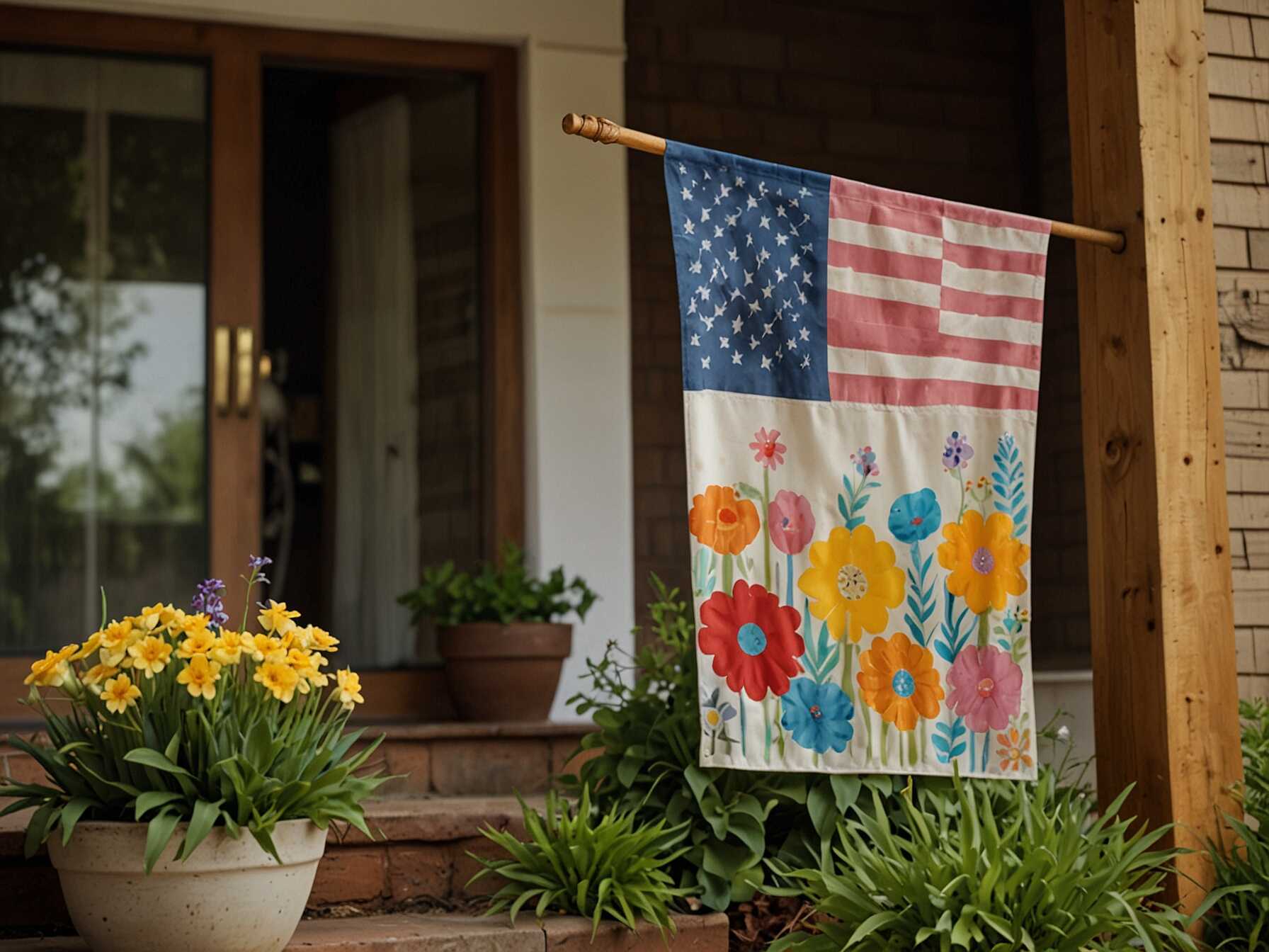 Hang an Easter-themed flag on your porch. Choose flags with designs like bunnies, eggs, or spring flowers. These flags add color and movement to your decor.  Place the flag in a visible spot, like near your front door or on a flagpole. It flutters in the wind and catches the eye, making your home look cheerful. Change the flag with each season for a refreshed look.  Seasonal flags are an easy way to celebrate holidays. They add a festive touch without much effort.  