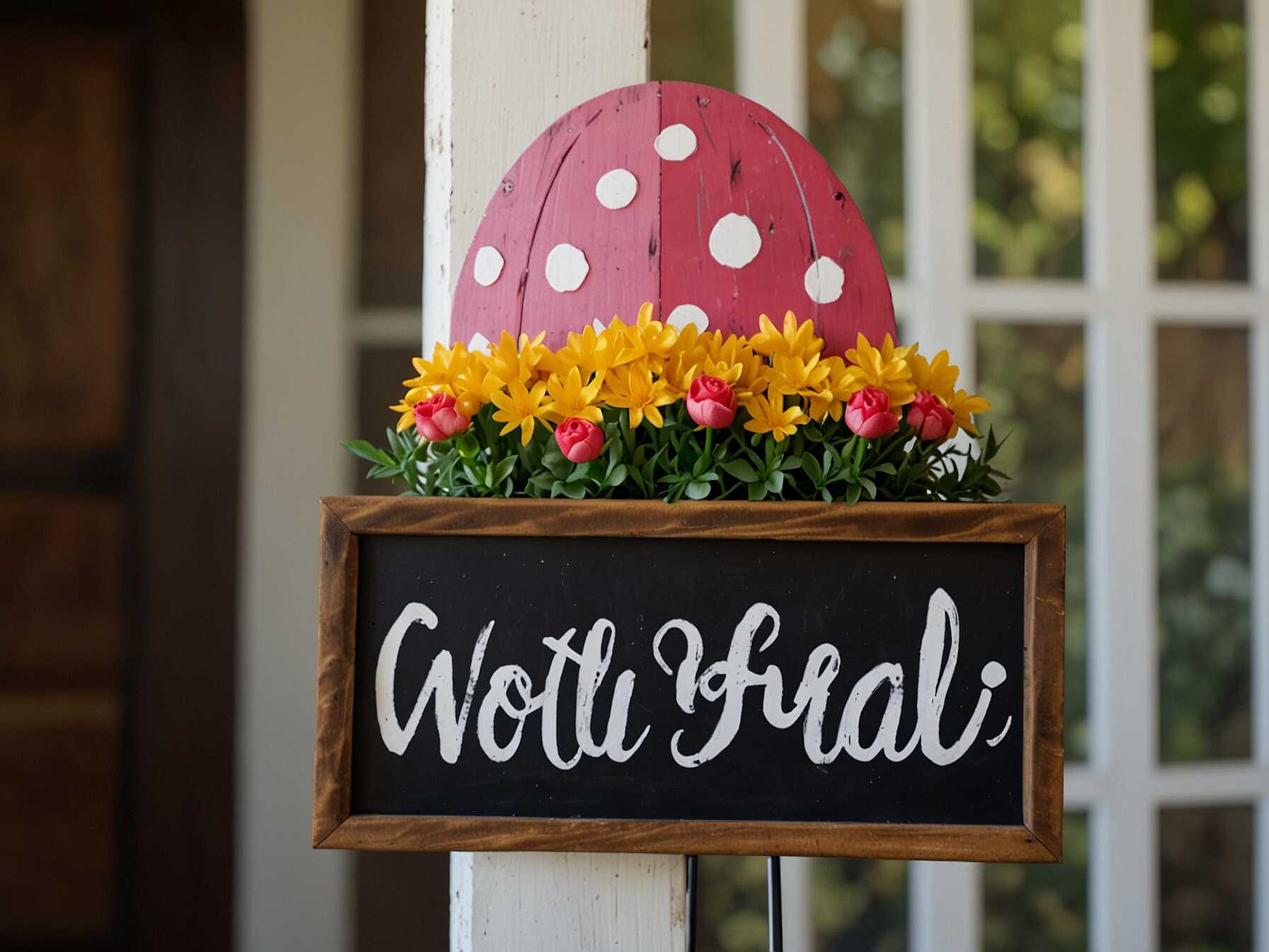 A welcome sign is a simple yet effective way to greet your guests. You can make one yourself or buy a pre-made sign from a store. Choose a sign that says Happy Easter or Welcome in bright, cheerful colors.  Place the sign near your front door where it can be easily seen. You can even decorate it with small Easter eggs, flowers, or bunny ears. This adds a personal touch to the sign.  Having a welcome sign sets the tone for your entire porch. It shows that you put effort into making your home inviting for the holiday.  