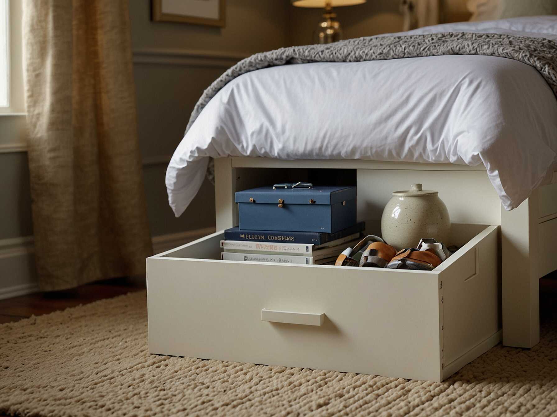 A tidy bedroom looks bigger and more peaceful. Use storage bins or under-bed storage to keep things organized. Consider a nightstand with drawers for extra space.  