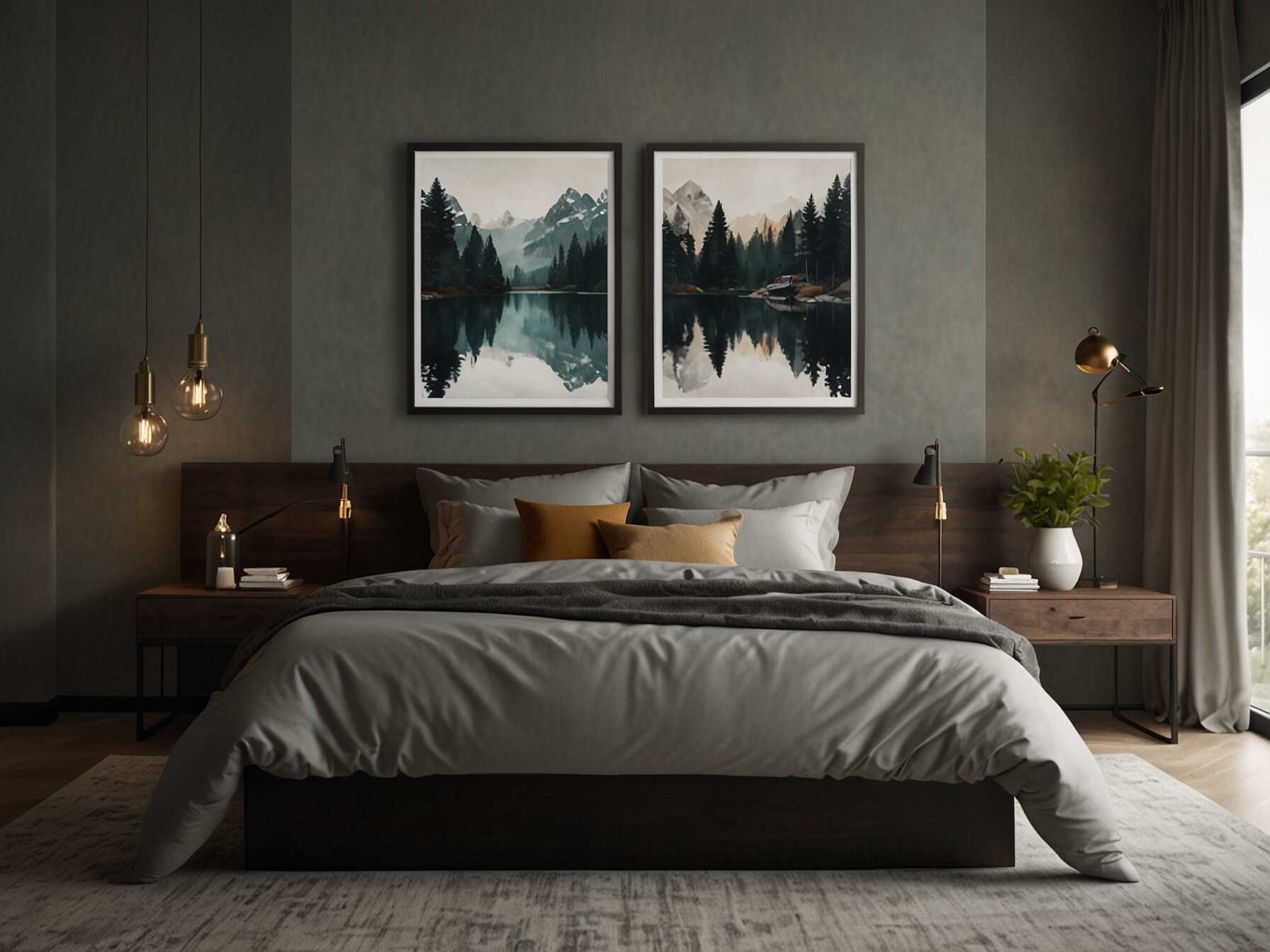 Personalize your bedroom with wall art. Hang a series of prints or a large painting above your bed. This adds color and interest to your walls.  