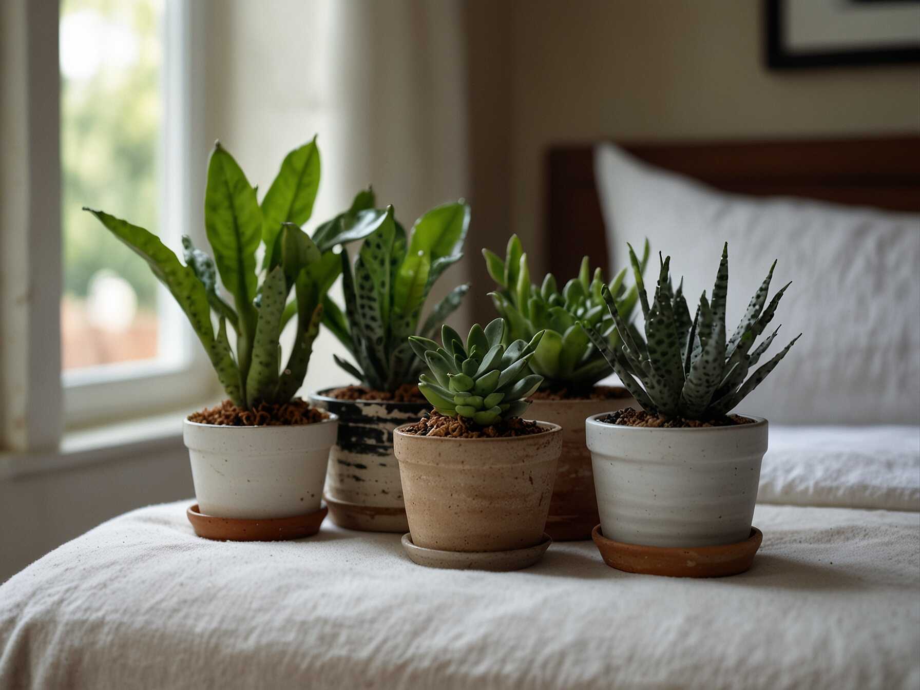 Plants can bring life to your bedroom. Choose easy-to-care-for options like succulents or snake plants. Place them on a windowsill or a bedside table.  