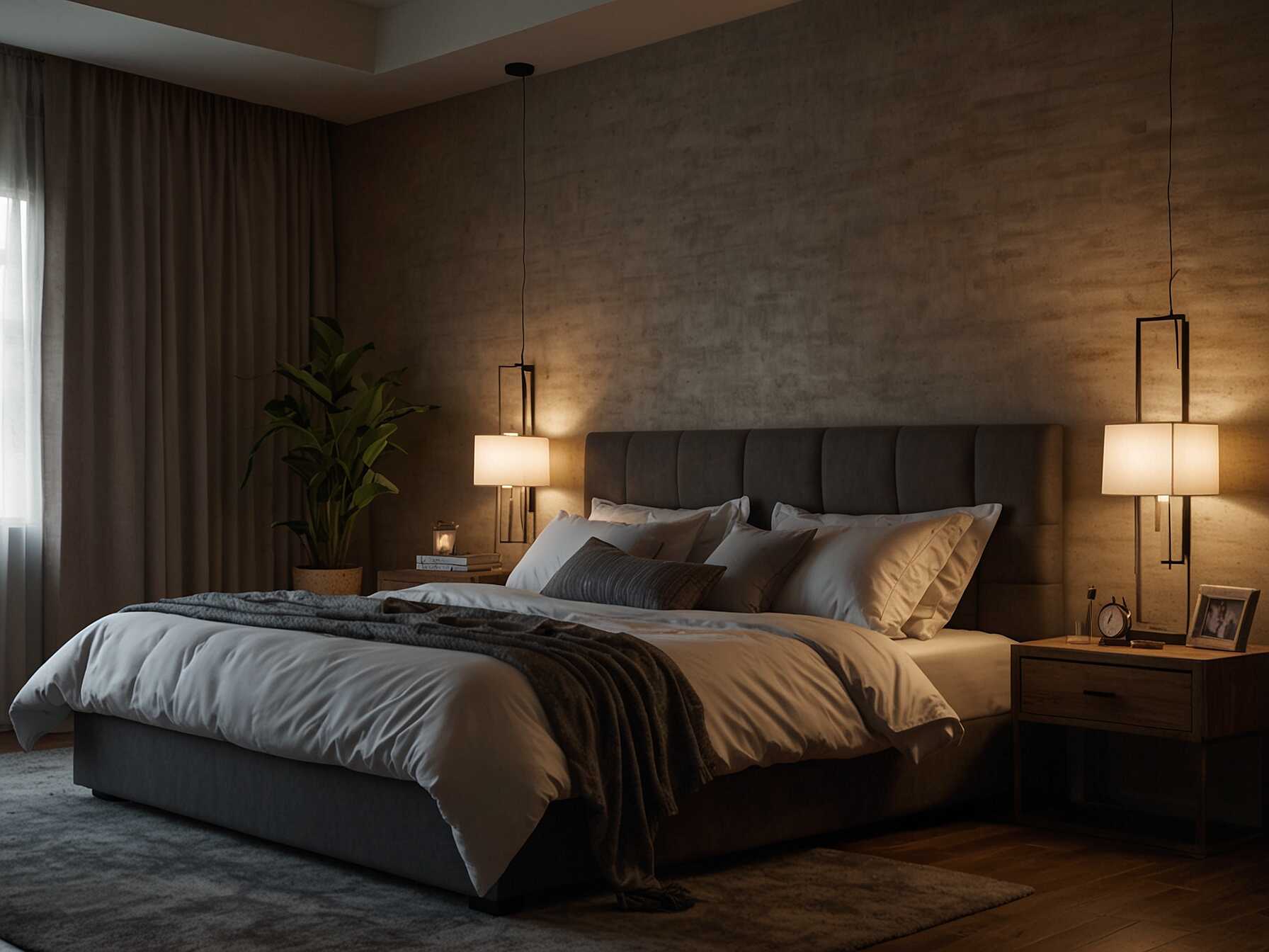 Layering lighting gives your bedroom a warm and cozy feel. Combine overhead lights with bedside lamps and a floor lamp.  