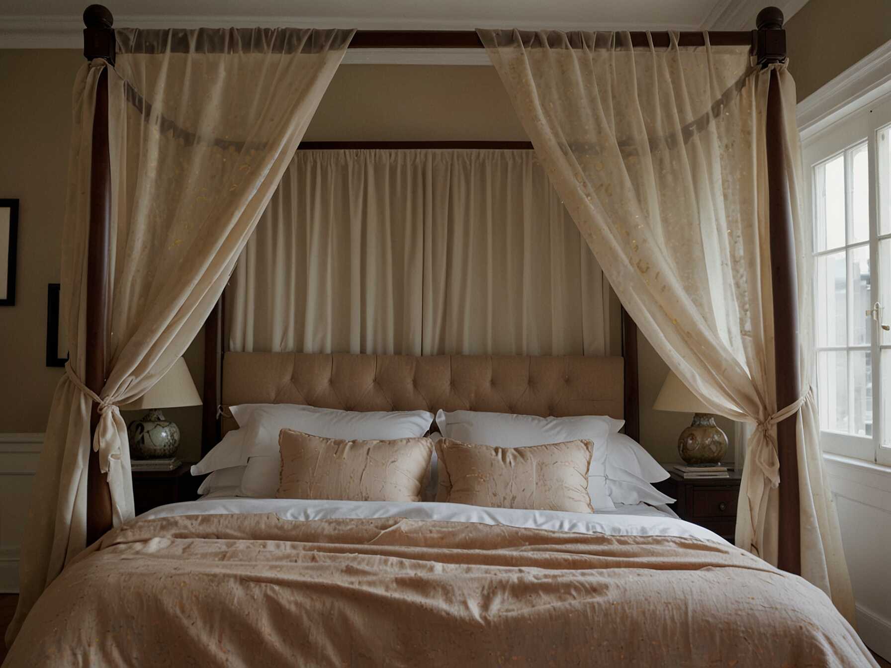 For a touch of romance, consider adding a canopy to your bed. Simple draped fabric can create a dreamy atmosphere.  