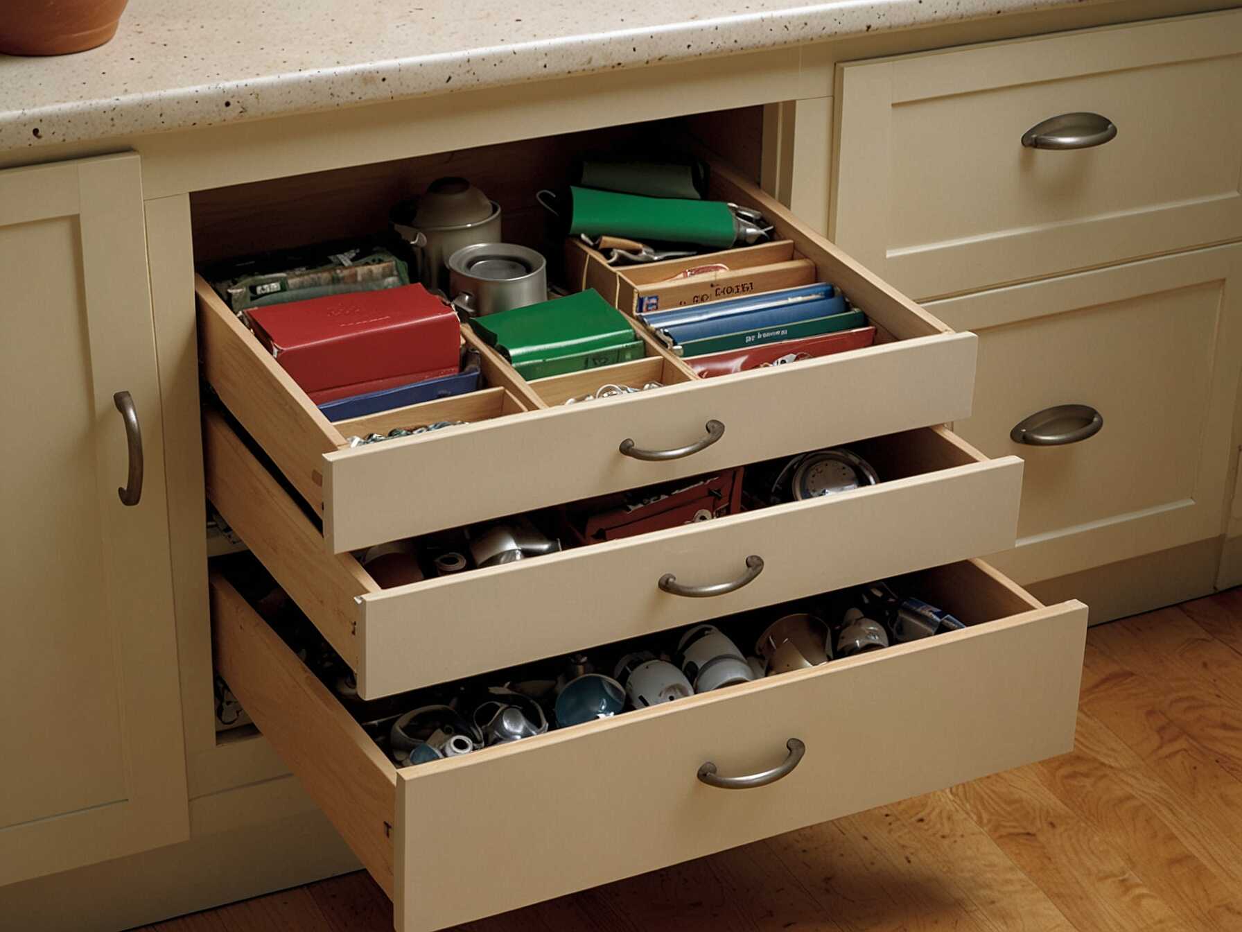 Drawers help organize smaller items. Install cabinets with built-in drawers. You can also add drawer units inside a larger cabinet.  Use shallow drawers for small tools and supplies. Deeper drawers are great for larger items. Drawers make it easier to find what you need.  Label the drawers for quick access. This keeps everything in its place. Drawers add versatility to your storage.  