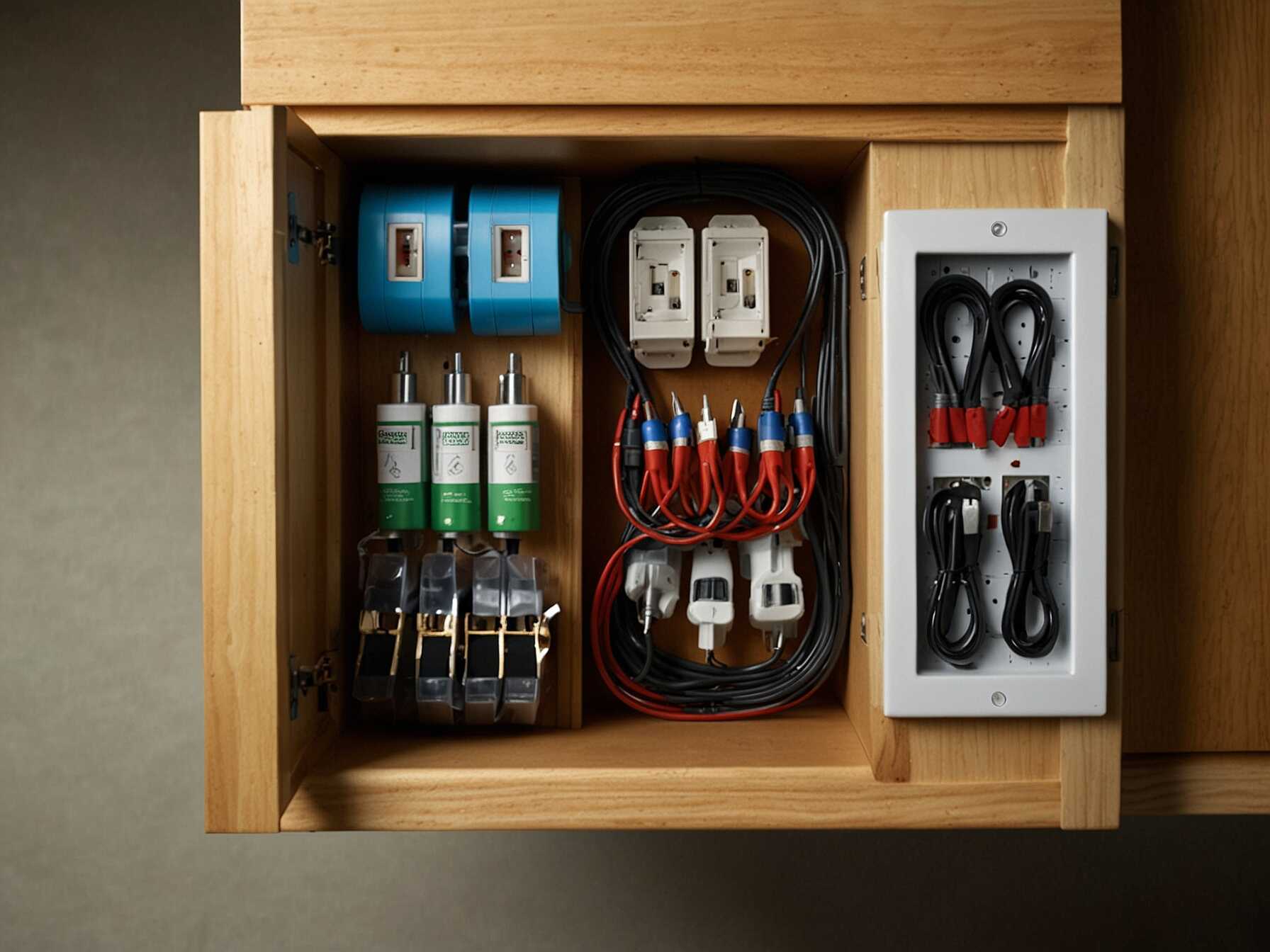 Set up a charging station in one of your cabinets. Store your power tools and chargers there.  Install a power strip inside the cabinet. This keeps cords and chargers organized. You can charge everything in one place.  Label the charging station. Everyone will know where to find charged tools. A dedicated spot for charging is very handy.  