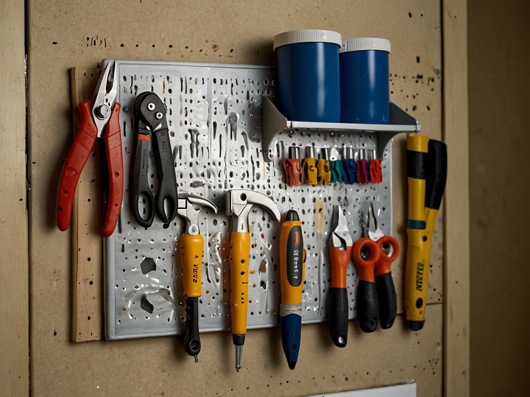 Pegboards are great for organizing tools. Put a pegboard on the back of a cabinet door. Hang tools on it using hooks.  This keeps tools visible and easy to reach. You can rearrange them as needed. Pegboards are versatile and simple to use.  Paint or decorate the pegboard if you like. This adds a personal touch. It also makes your garage look nice.  