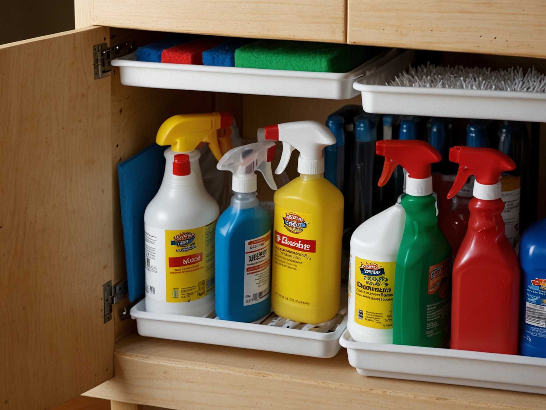 Store cleaning supplies in a dedicated cabinet. This keeps them organized and easy to find.  Put brooms, mops, and sprays in one place. Use hooks and shelves inside the cabinet. This keeps everything neat.  Label the cabinet if needed. Everyone will know where to look. Cleanups will be quicker and easier.  