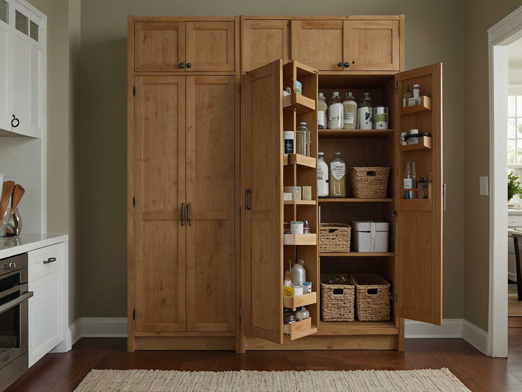 Use tall cabinets to take advantage of vertical space. This gives you more storage without taking up floor space.  Install cabinets that go up to the ceiling. Store seasonal items or less-used things on top shelves. This keeps them out of the way.  Hang hooks on the sides of cabinets. You can hang tools or bags there. This adds extra storage without cluttering the floor.  