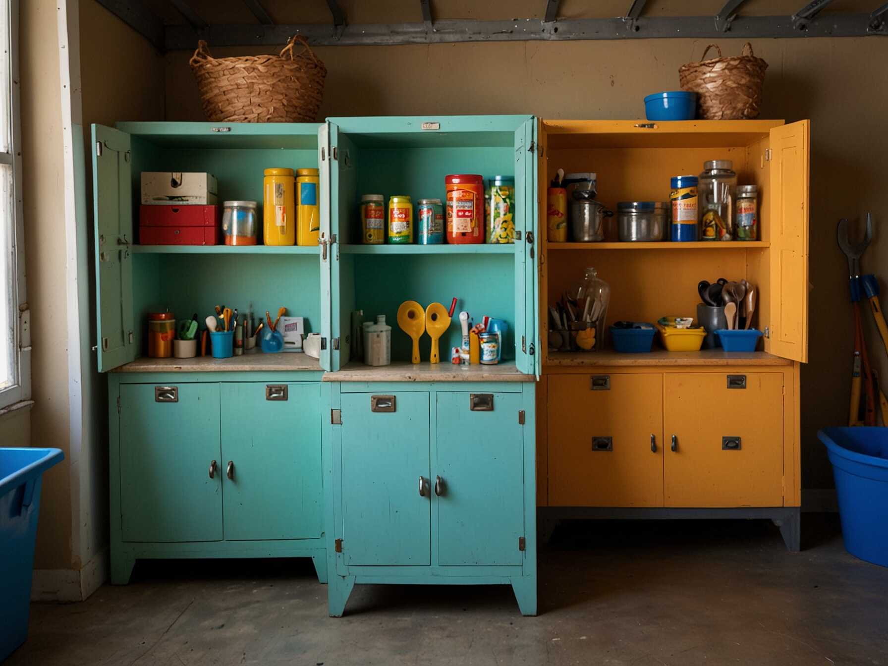 Don't throw away old cabinets. Repurpose them for garage storage. Clean and repaint them if needed.  Use old kitchen or bathroom cabinets. They can hold tools, supplies, and more. This saves money and adds unique charm to your garage.  Place them where they fit best. Repurposed cabinets make a great addition. They give new life to old furniture.  