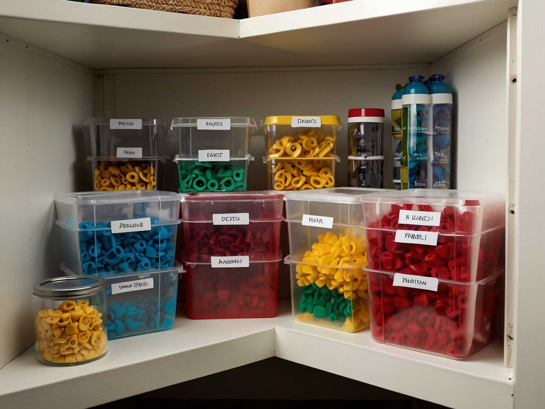 Store small items in clear bins. These keep your cabinets tidy. You can see what's inside without opening them.  Label the bins for easy finding. Put bins with similar items together. This makes your garage more organized.  Stack the bins if they are stackable. This saves space and keeps everything in order. Stacking also prevents spills.  