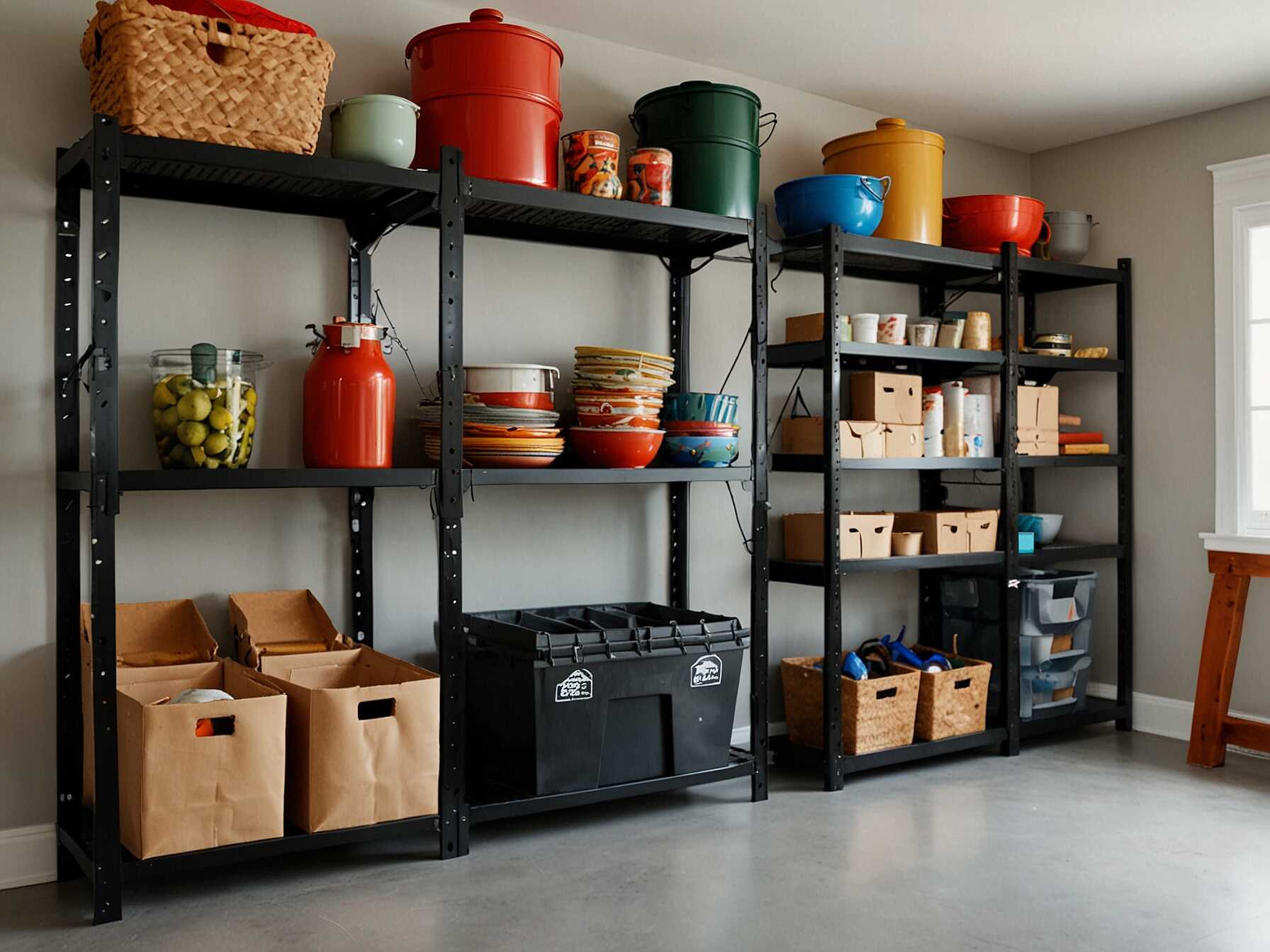 Open shelves give you easy access. They also let you see everything at a glance. Place them inside or beside cabinets.  Store items that you use often on open shelves. This saves you time. It also keeps your garage looking tidy.  You can add baskets or bins on the shelves. This keeps items organized. Open shelving works well for busy areas.  