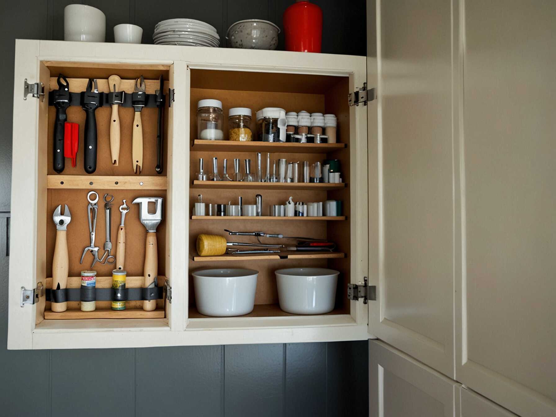 The back of cabinet doors are a great place for extra storage. Install hooks, small baskets, or racks.  Hang small tools or cleaning supplies there. This makes use of otherwise wasted space.  Make sure the items are not too heavy. You don’t want to damage the doors. Use this trick to maximize storage.  