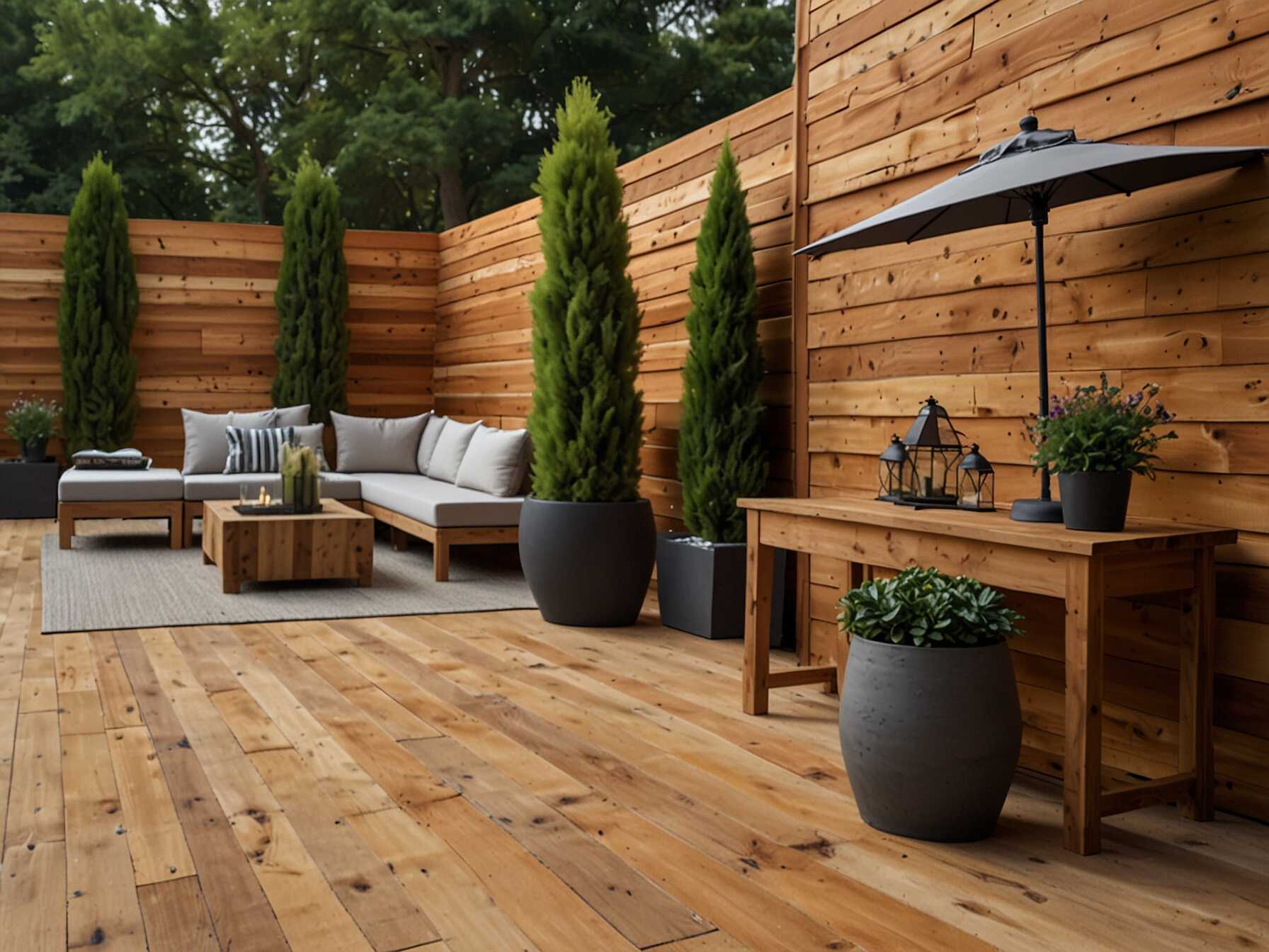 Cedar is a beautiful and durable wood. Using it for an accent wall adds a rich, warm tone to your patio. Cedar resists weather and bugs, making it perfect for outdoor use.  You can leave the cedar its natural color or stain it. Either way, it looks fantastic. Cedar accent walls can be a focal point in your outdoor space.  Adding this type of wall can make your patio feel like a luxurious retreat. It adds warmth and works well with many decor styles. Cedar walls are both practical and beautiful.  