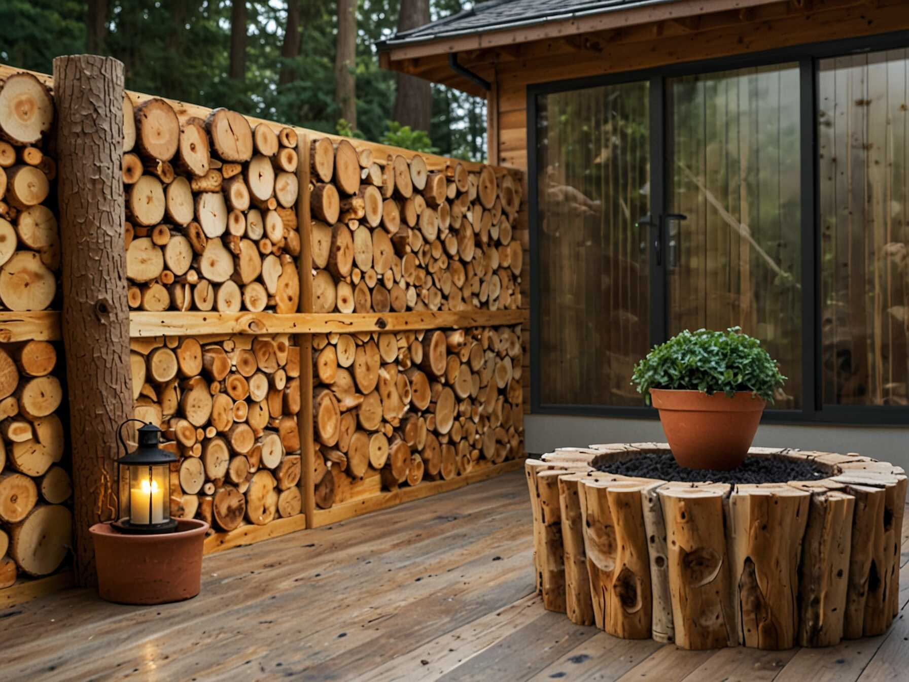 Log slice walls bring the beauty of wood indoors to your patio. Cut logs into thin slices and attach them to your wall. This idea showcases the natural rings and patterns of the wood.  Stagger the log slices for a rustic, textured look. You can leave them natural or apply a light stain. This simple yet unique design catches everyone's eyes.  Log slice walls bring warmth and a natural vibe. They connect your patio with nature. This idea is perfect for those who love wood's natural beauty.  