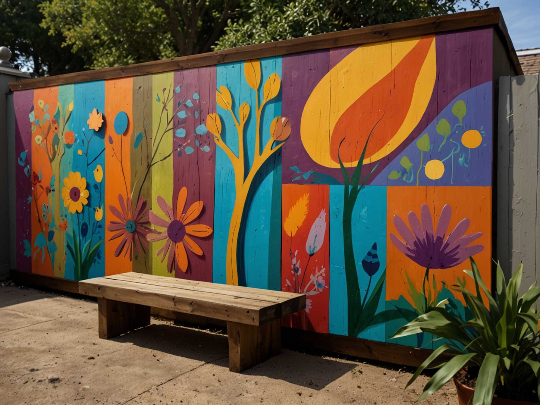 A painted wood mural can turn your patio wall into a piece of art. Use weatherproof paint to create a beautiful, lasting design. Choose a theme that fits your style.  You can paint flowers, landscapes, or abstract shapes. The mural adds personality and color to your patio. It is a great way to express your creativity.  Murals can cover the entire wall or just a part of it. They make your outdoor space unique and inviting. Painted wood murals are a fun and artistic idea.  