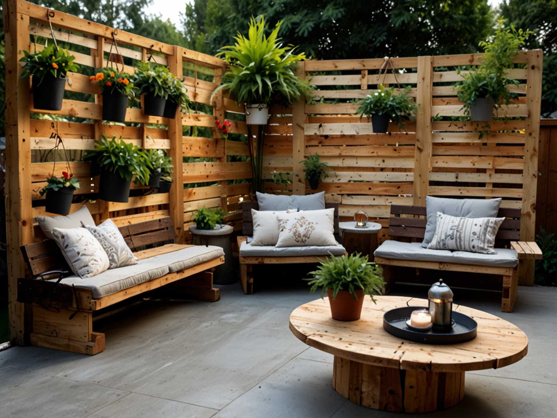 Pallet walls are an affordable way to upgrade your patio. You can find wooden pallets at many stores or online. They are often low-cost or even free.  Clean and sand the pallets before you use them. You can arrange them in many patterns. Stack them for a solid wall or space them out for a more open look.  Pallet walls give a rustic, DIY vibe to your patio. They are easy to build and customize. This idea is perfect for budget-friendly transformations.  