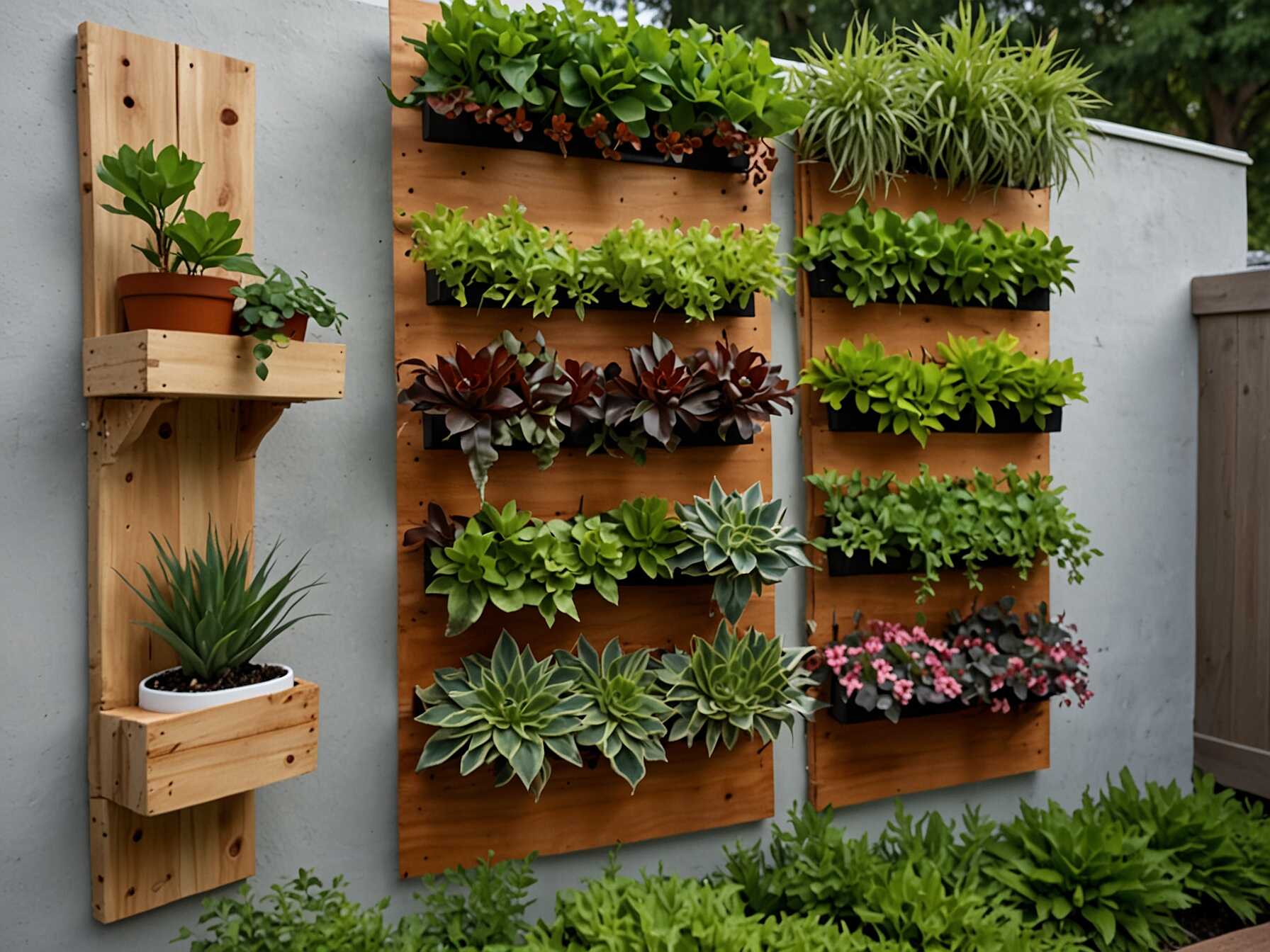 Vertical gardens are perfect if you love plants. Attach wood panels to your wall, then add hooks or small shelves. You can then place pots with your favorite plants or herbs.  This idea adds greenery without taking up floor space. It's perfect for small patios. The vibrant plants will create a cozy and fresh atmosphere.  Watering and maintaining these plants is simple. It can also be a fun activity for your family. A vertical garden brings life and color to any patio wall.  