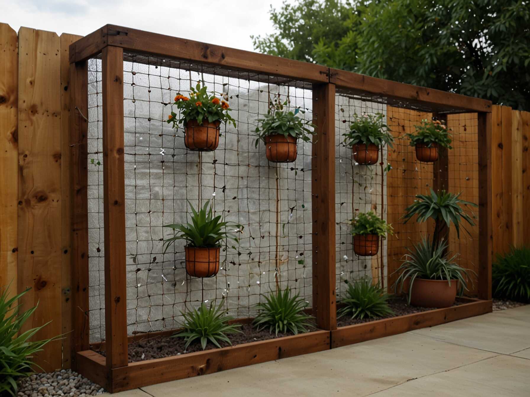 Combine wood and wire for a unique wall design. Attach wire mesh to wooden frames. This mix adds interest and texture to your patio.  You can use the wire to hang plants, lights, or decorations. The wire mesh is also great for supporting climbing plants. This duo brings a modern and functional charm.  Wood and wire walls are versatile. They can fit into many styles and purposes. This idea is both creative and practical for your patio.  