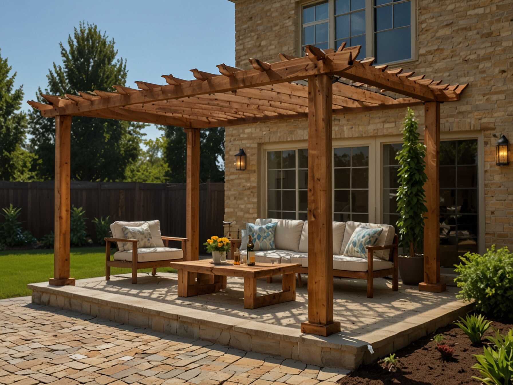 Install a wood pergola over your patio wall. This adds shade and structure. Pergolas create a lovely frame for climbing plants.  Choose a design that fits your style, from rustic to modern. A pergola defines your patio space and makes it feel more intimate.  You can hang lights or lanterns from the beams. This adds a cozy atmosphere for evening relaxation. Wood pergolas transform your patio into a peaceful retreat.  