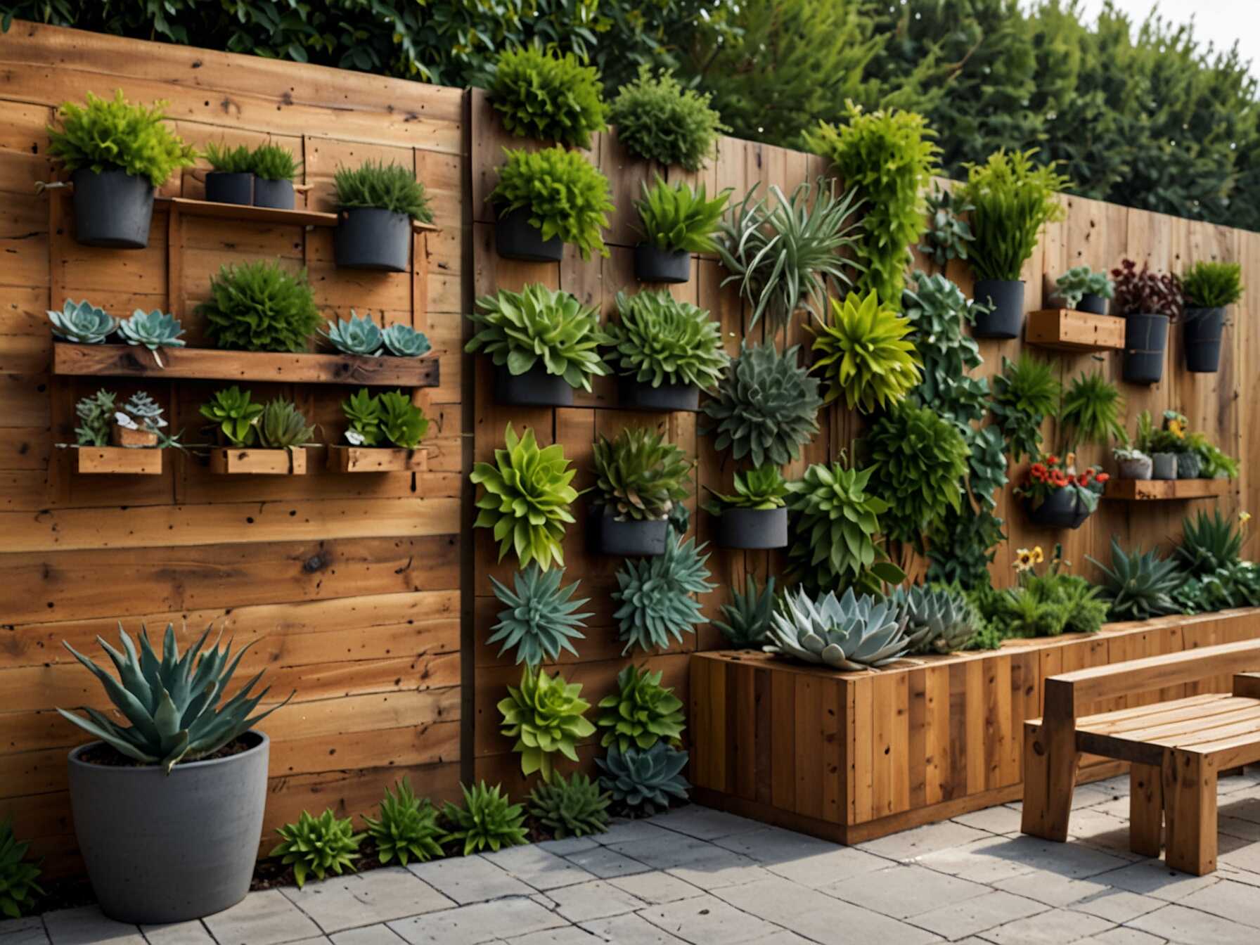 A wooden garden wall combines plants and wood. Build shelves or boxes on your wall to hold plants. This idea adds greenery and decoration.  Choose a mix of flowers, herbs, and succulents. This creates a lush, varied garden. The wood backdrop makes the plants stand out.  This type of wall brings nature closer. It is perfect for small spaces or urban patios. Wooden garden walls make your patio fresh and vibrant.  