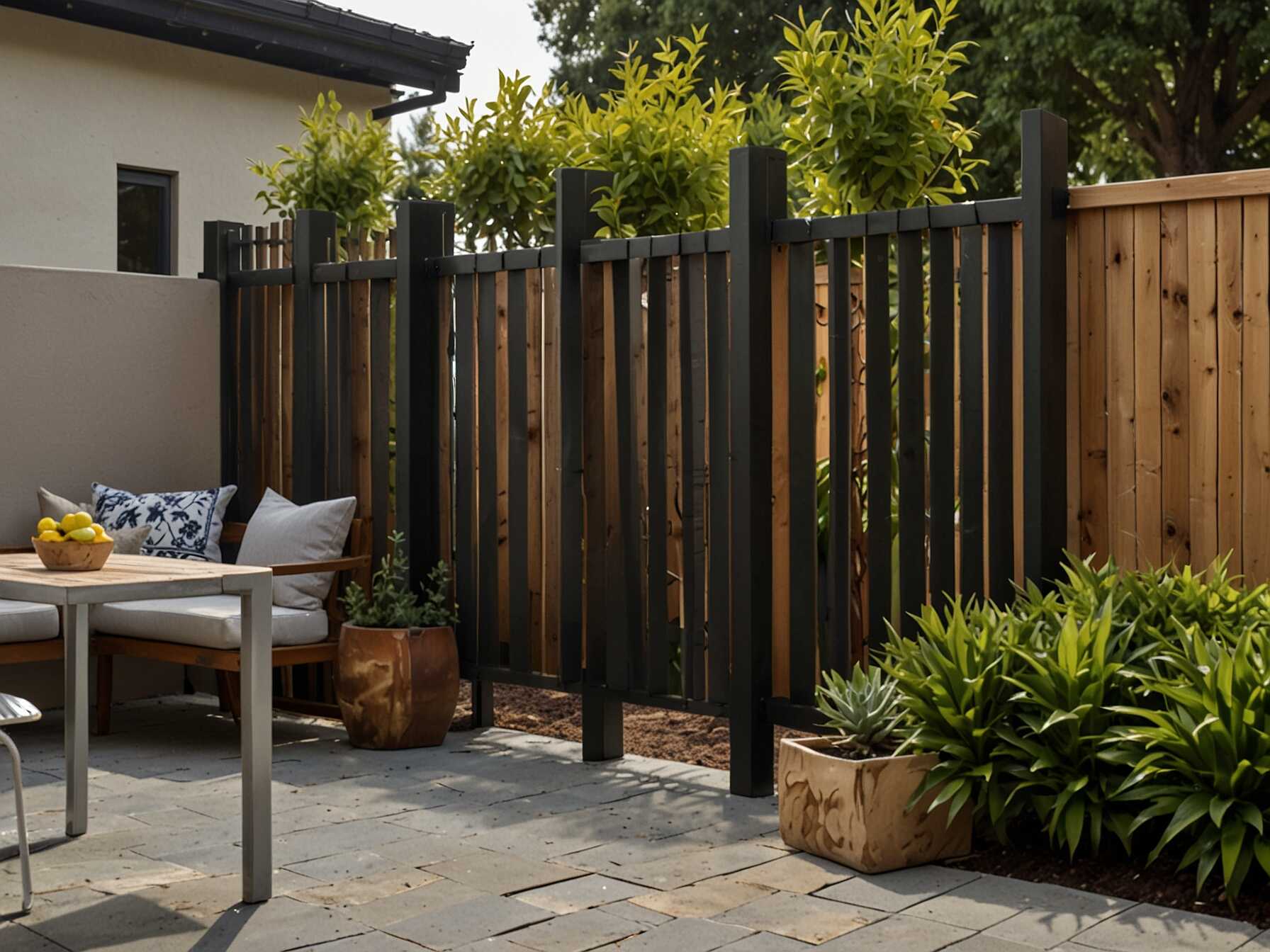 Wooden privacy screens make your patio more private. They block wind and create a cozy nook. You can build them with slats, panels, or lattice.  Privacy screens are easy to move if you need to. They can act as a room divider in your outdoor space. This gives you flexibility in your patio design.  Stain or paint the screens to match your decor. Add some plants or lights for extra charm. Wooden privacy screens enhance both privacy and style.  