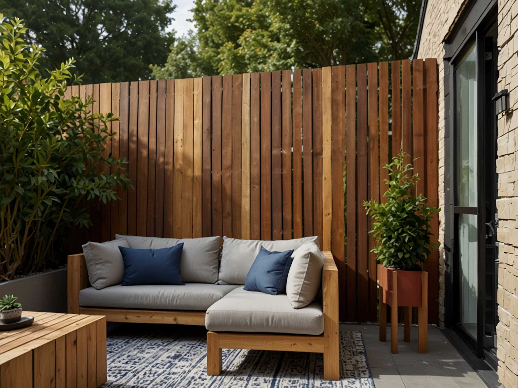 Wooden slat walls add a modern touch to your patio. Align the slats vertically or horizontally. This gives a sleek, stylish look.  You can paint or stain the slats to match your decor. For a unique design, alternate the colors of the slats. This makes your wall stand out even more.  Installing wooden slat walls is simple. They are a great weekend DIY project. This idea can completely change the look of your patio.  