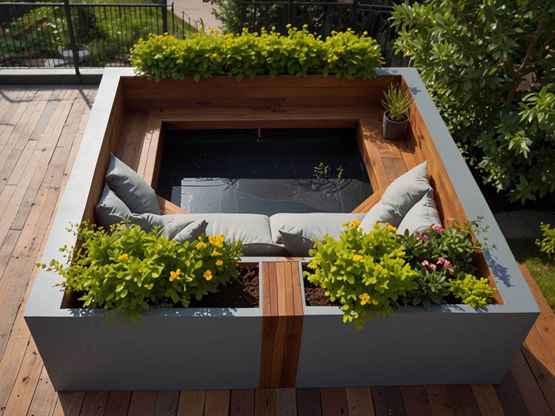 If you have the space, build in some planters. Use them to grow flowers or small shrubs. Built-in planters can also serve as a natural separation for different areas on your balcony.  