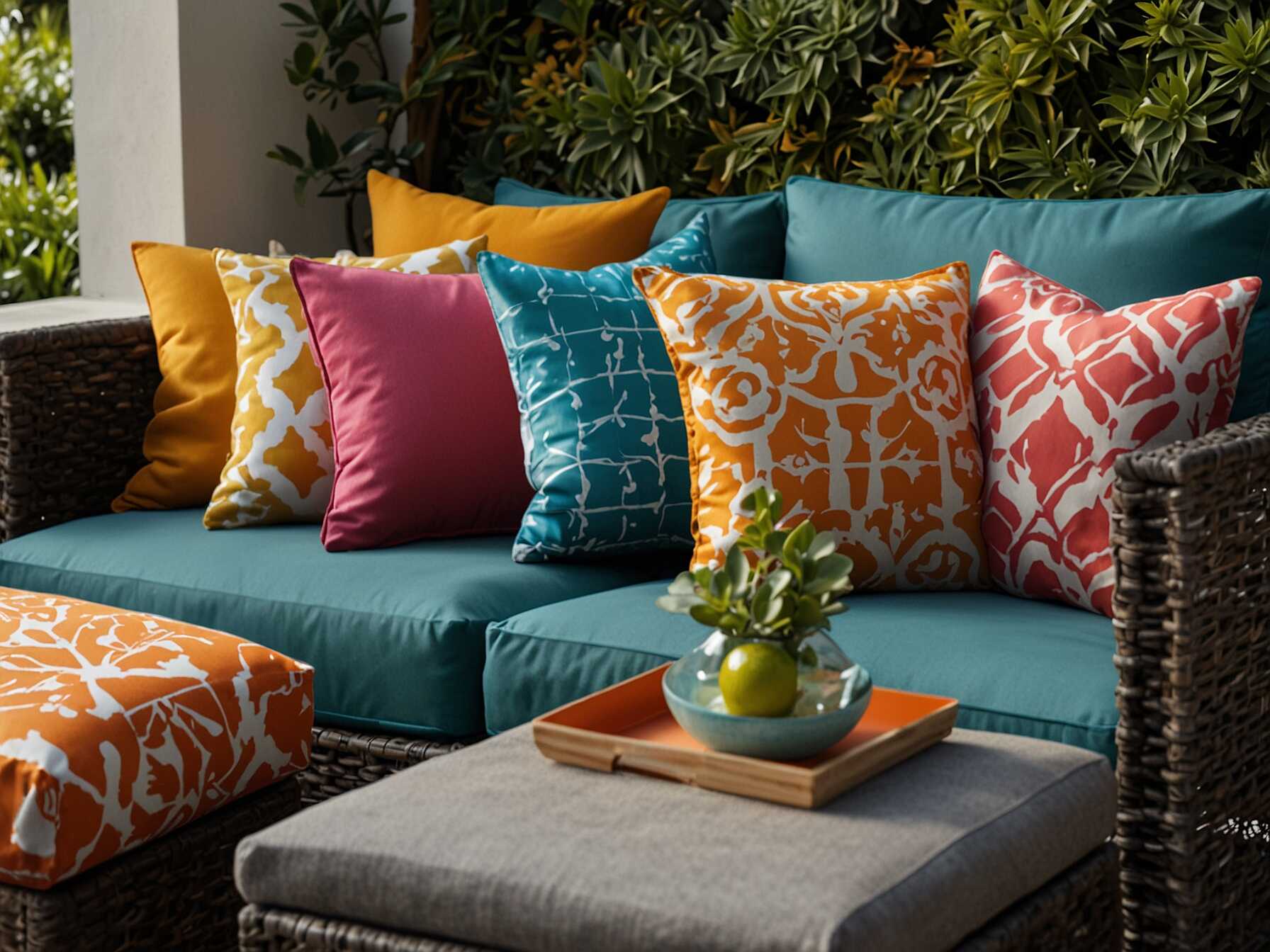 Use decorative cushions and throws to add color and comfort. Choose fabrics that are suitable for outdoor use. Mix and match patterns for a vibrant look.  