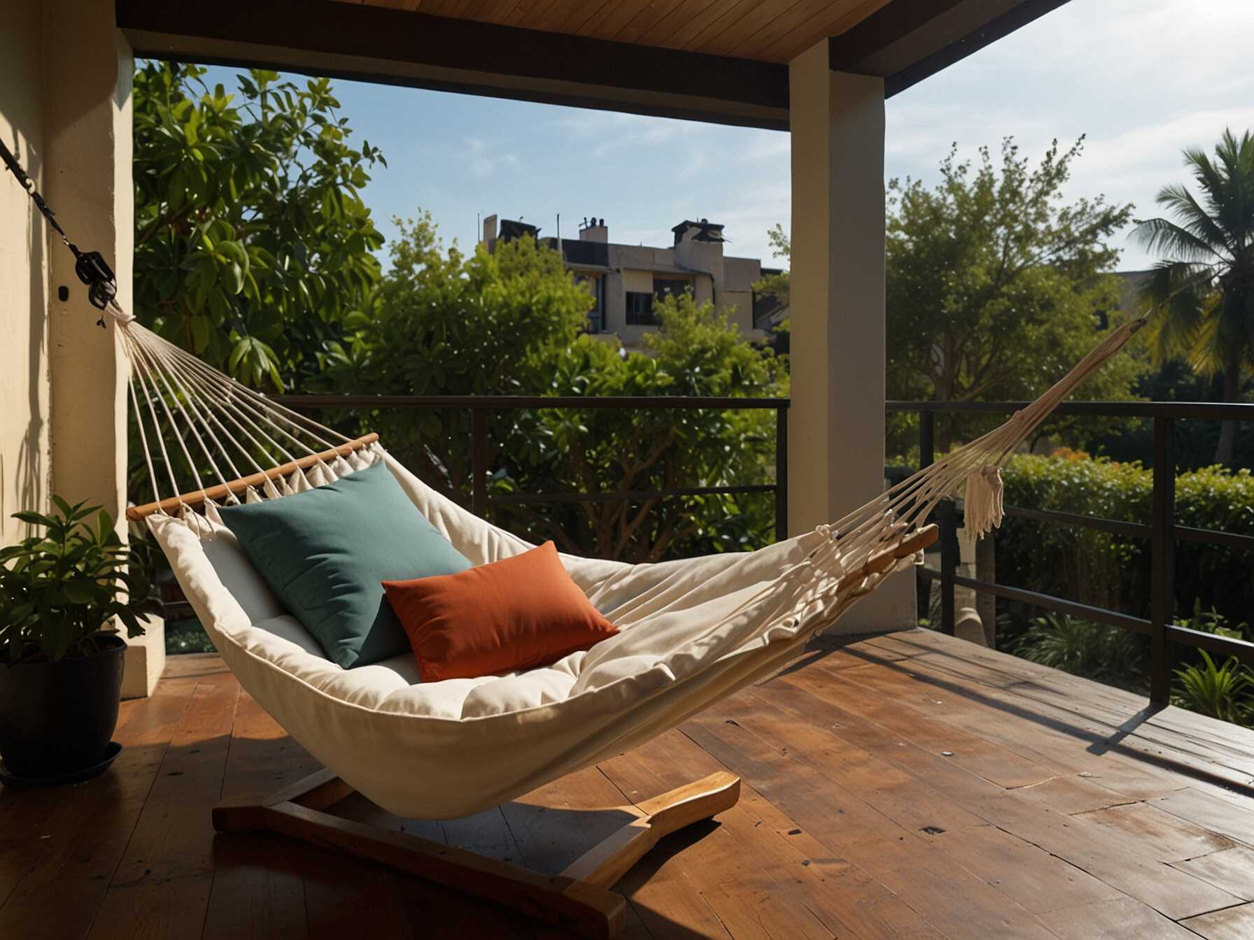 If space allows, hang a hammock on your balcony. It’s perfect for lounging or taking a nap. Hammocks can also be easily removed when you need more space.  