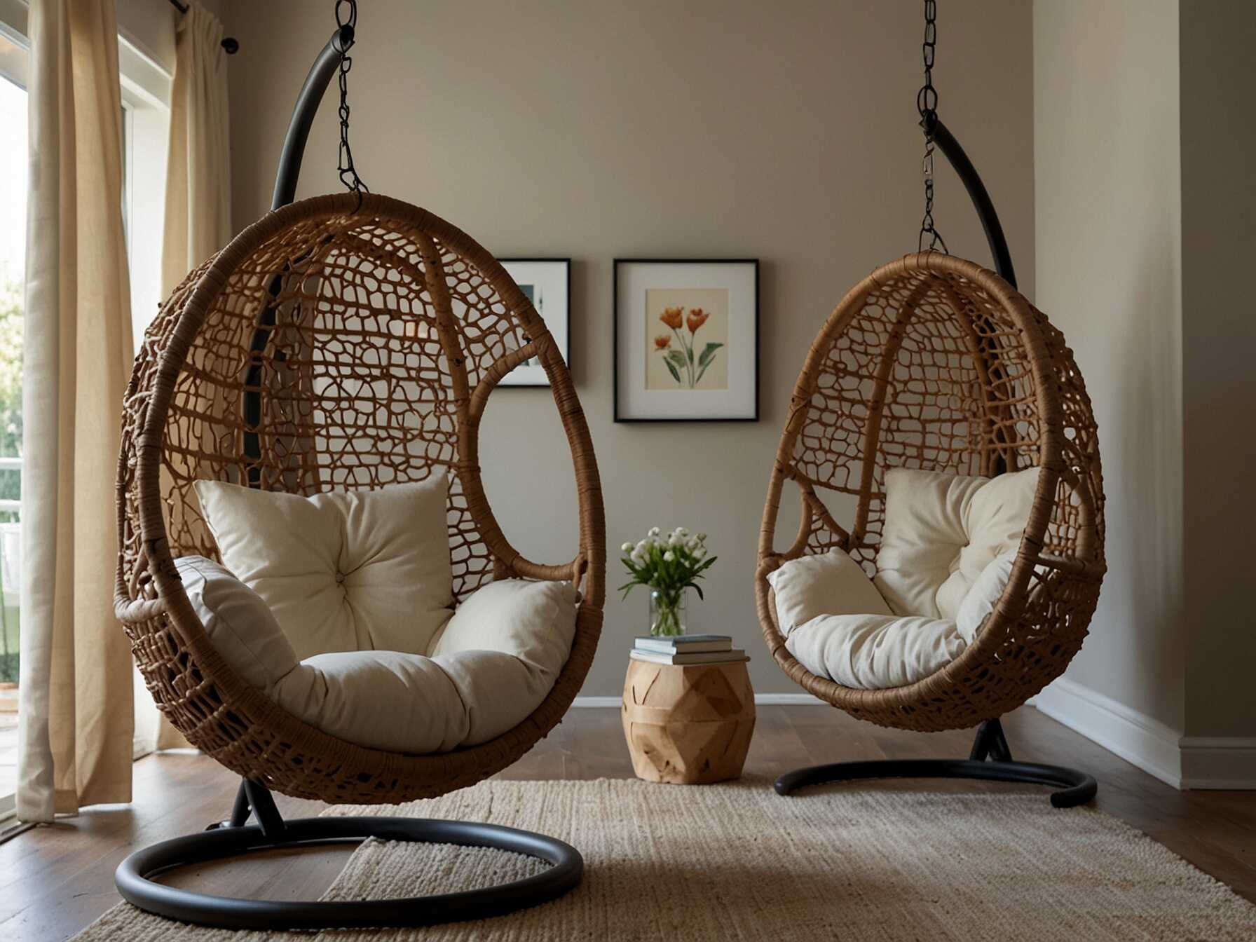 Hanging chairs are great for small spaces. They can be secured to the ceiling and provide a cozy seating option. Add cushions for extra comfort.  