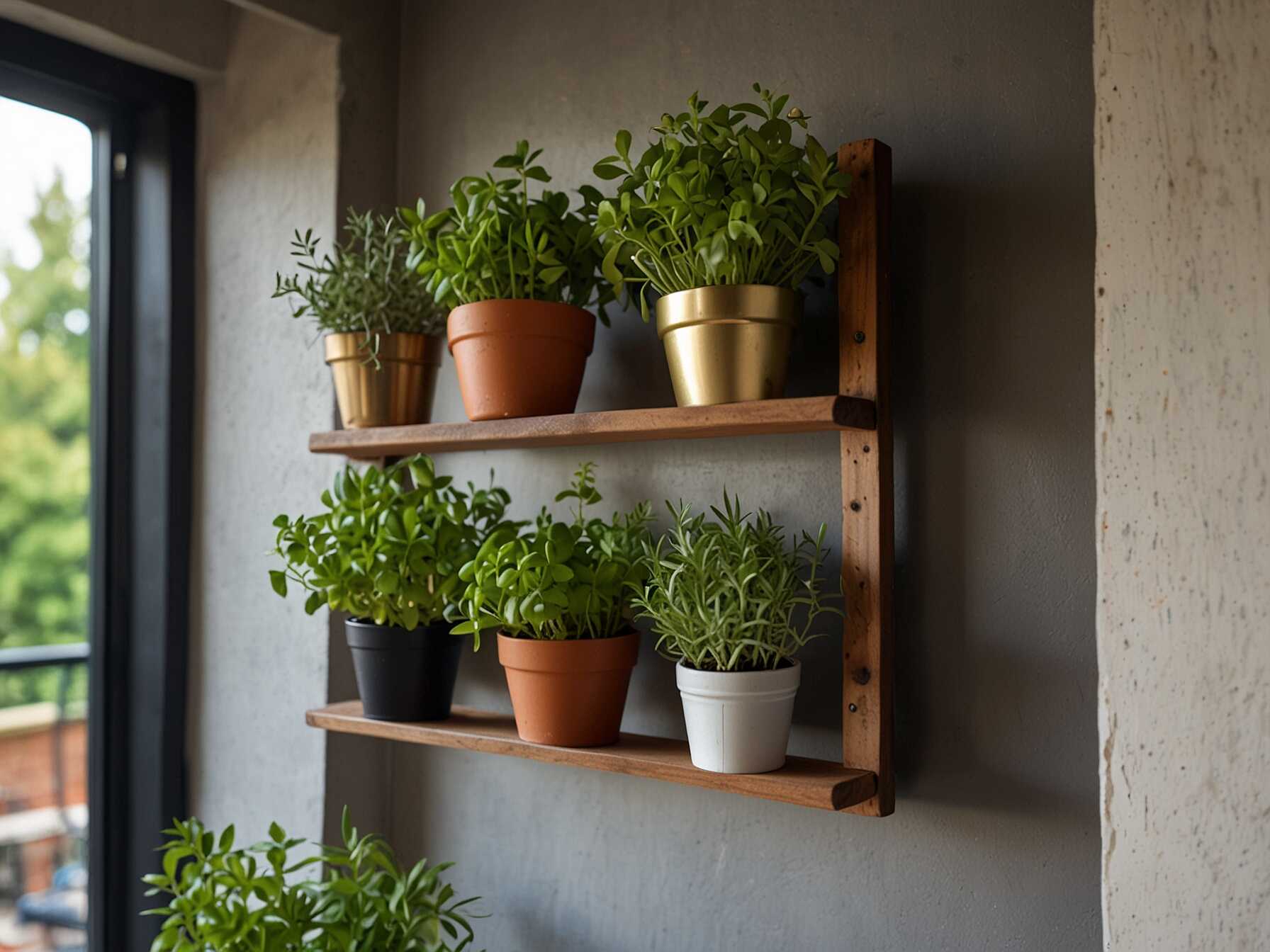 Install a hanging rack specifically for herbs. It can be attached to the wall or railings. This makes it easy to access fresh herbs right from your balcony.  