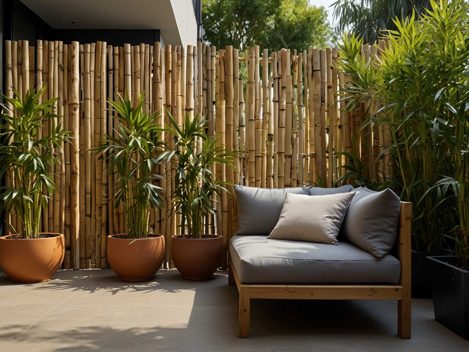 Add bamboo screens for extra privacy. They are stylish and blend well with outdoor settings. You can also use them to create a separate space on your balcony.  