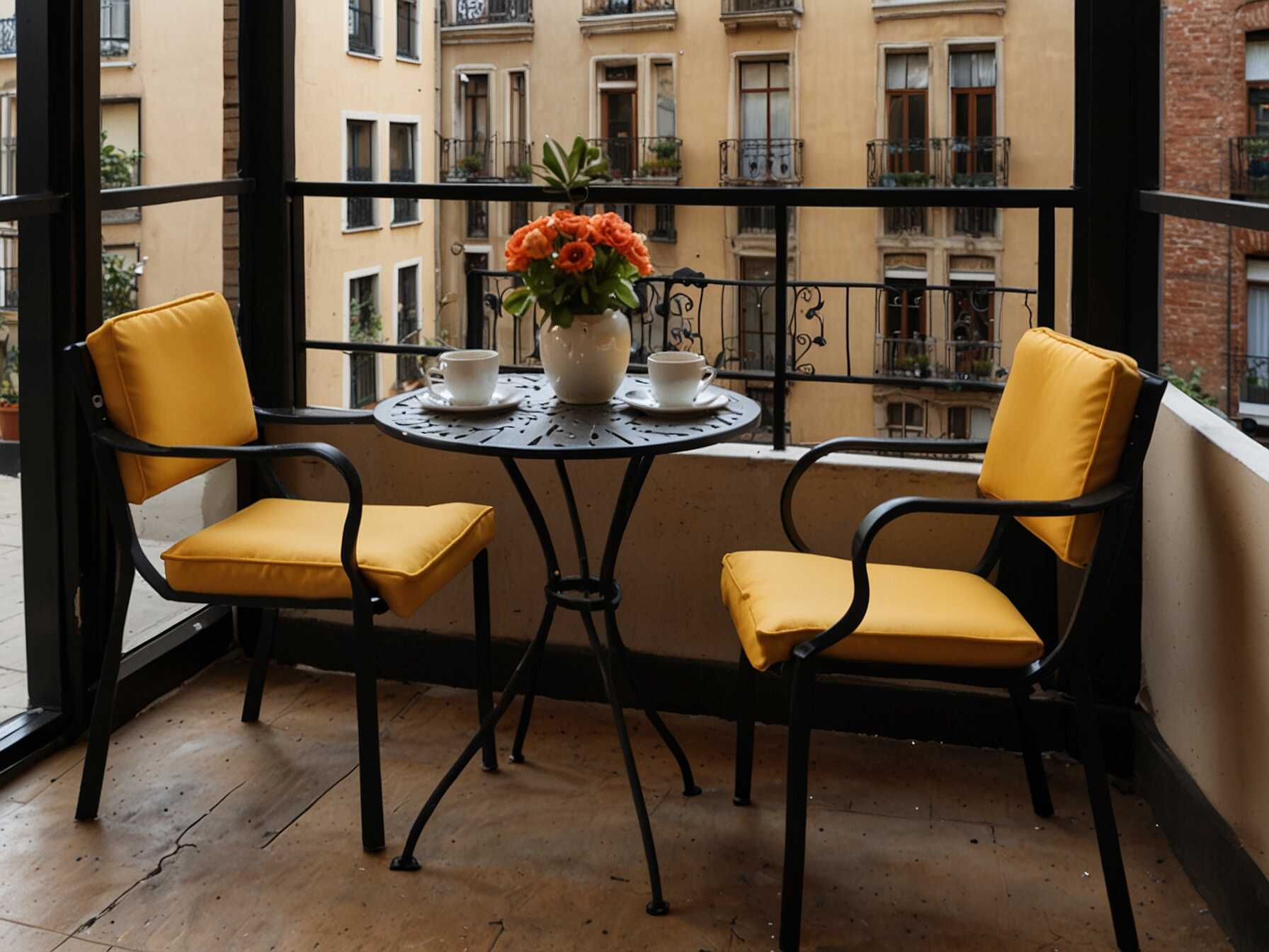 A bistro set can be perfect for small balconies. A small table with two chairs can create a cute dining spot. It doesn’t take much space and is very functional.  