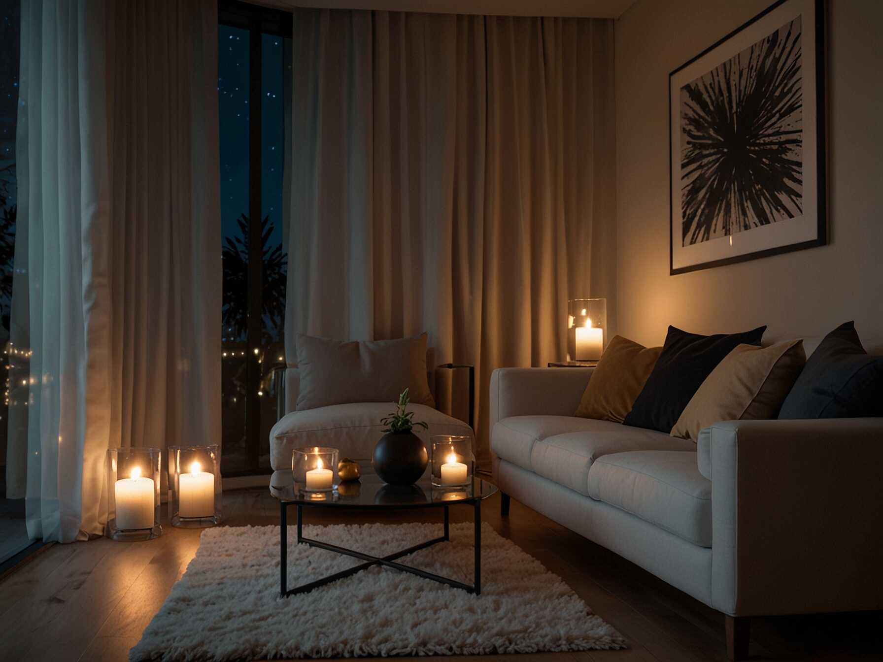 Use ambient lighting to create a relaxing atmosphere. Small lamps or candles can add a warm glow to the room.  