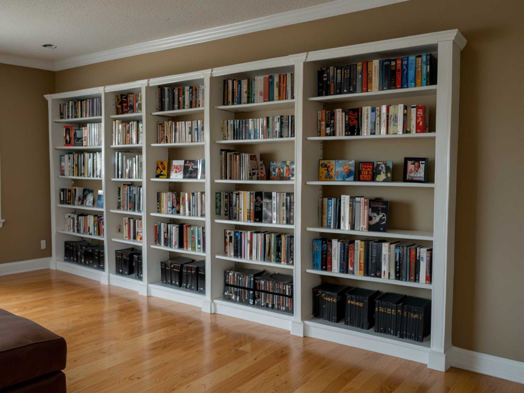 Install custom shelves to store DVDs, Blu-rays, and books. This keeps your collection organized and easily accessible.  