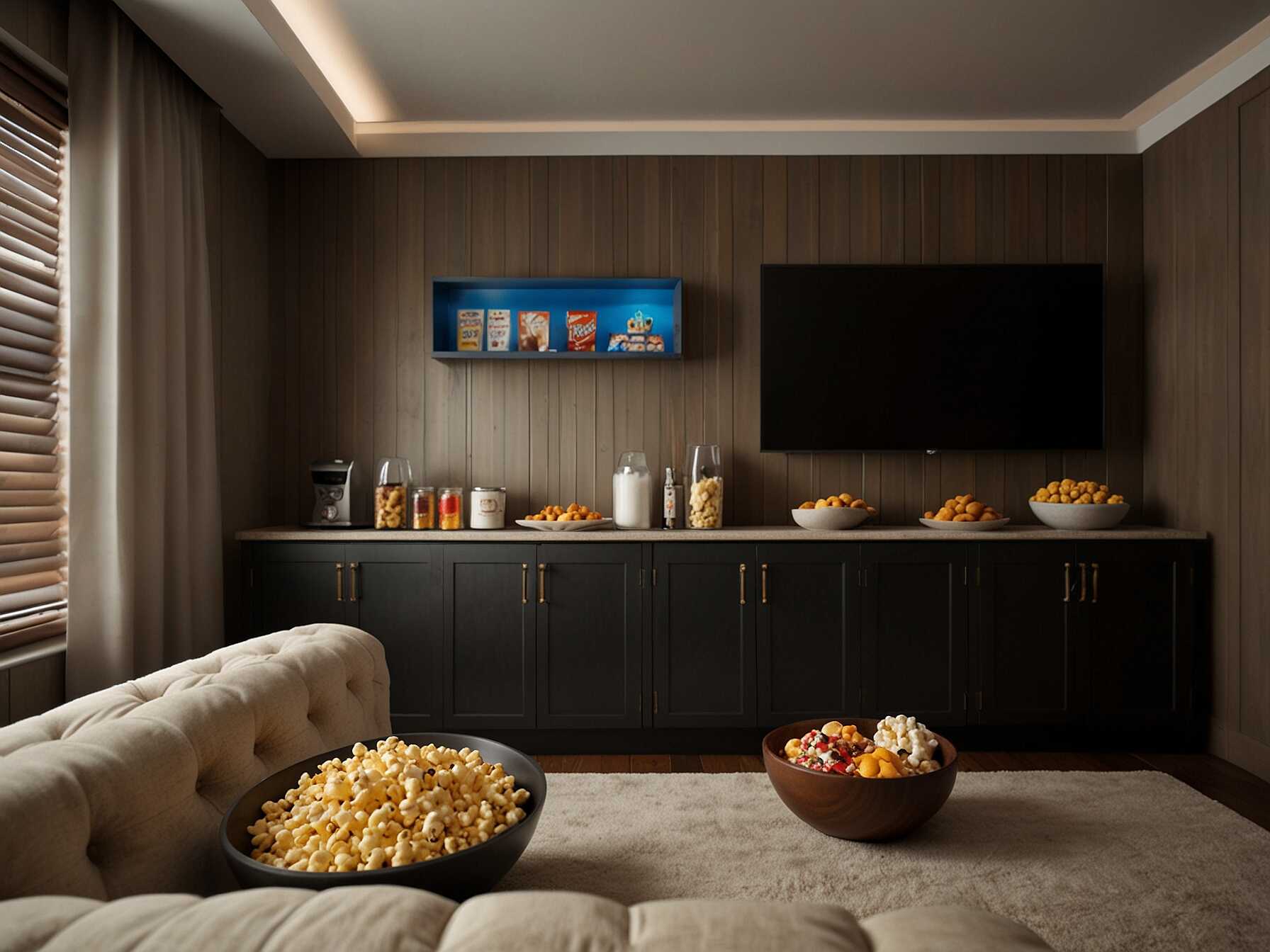 Include a small snack bar or popcorn machine in your media room. This way, you have all your favorite treats within arms reach.  