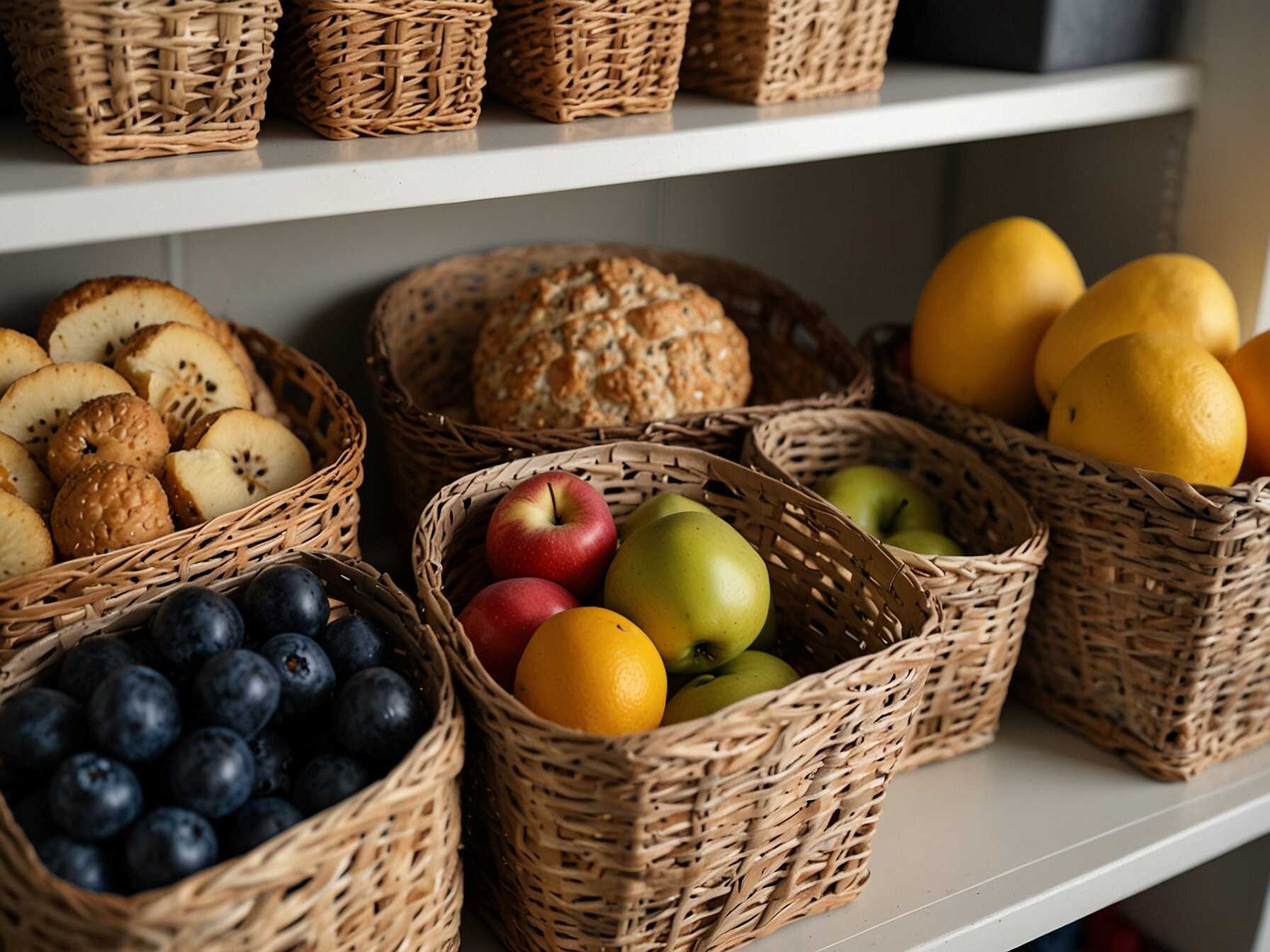 Baskets are perfect for grouping similar items. Use them for snacks, fruits, or small boxes. Theyre easy to pull out and check.  