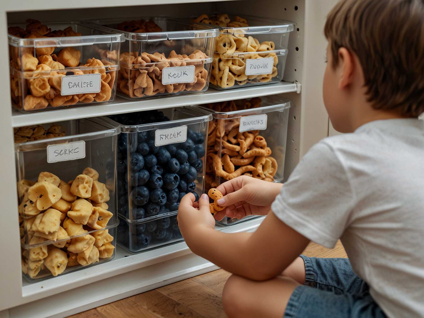 Clear bins are perfect for snacks. Kids can see and grab what they want. They also help you keep track of quantities.  