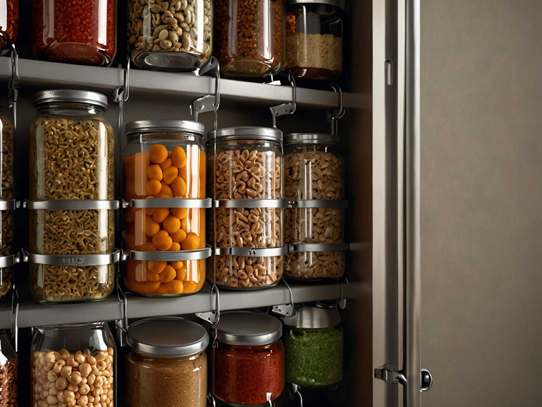 Attach racks or hooks to the pantry door. Use them for spices, small jars, or cleaning supplies. This trick adds extra storage without taking up room.  