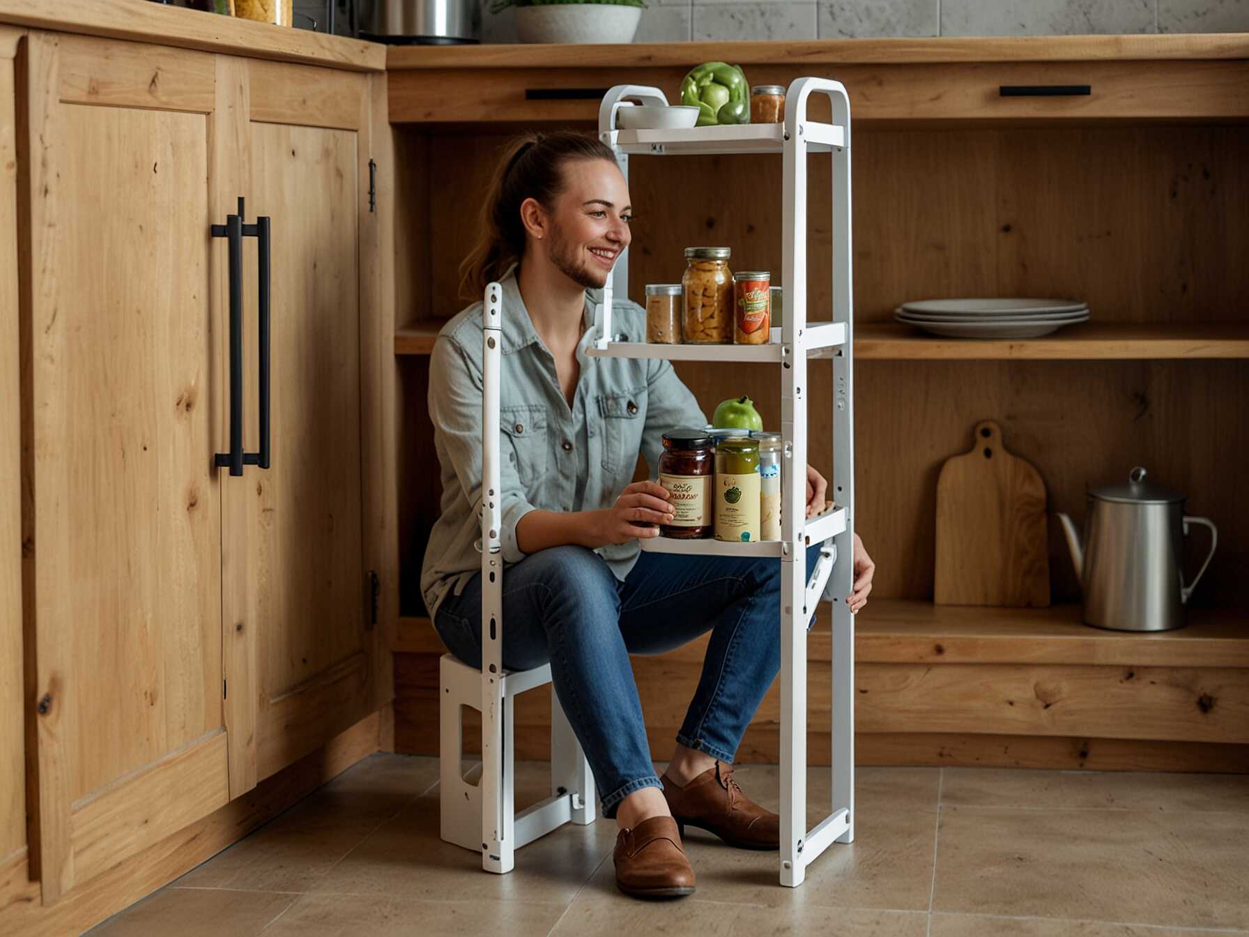 A folding step stool helps you reach high shelves. Fold it away when not in use. It keeps your pantry more accessible.  