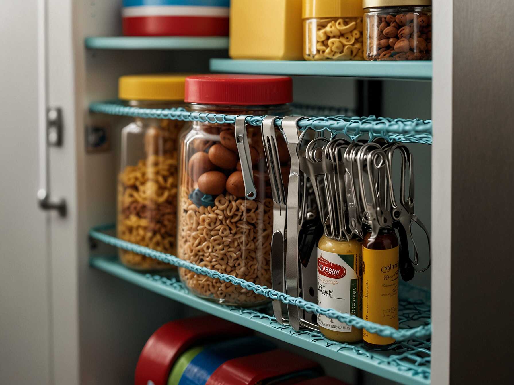 Magnetic strips hold metal items like scissors or bag clips. Attach them inside the pantry door. They keep small items tidy and handy.  