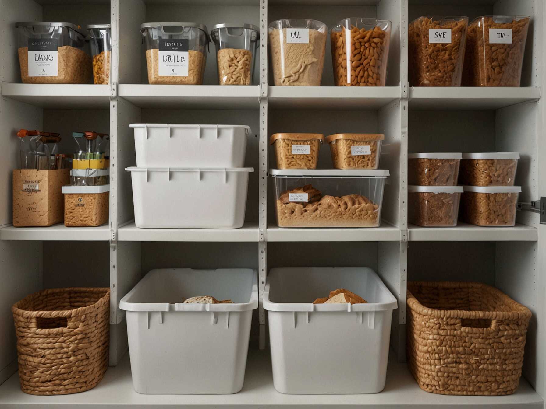 Use large bins for bulk items like flour or rice. Place them at the bottom of your pantry. They save space on your main shelves.  