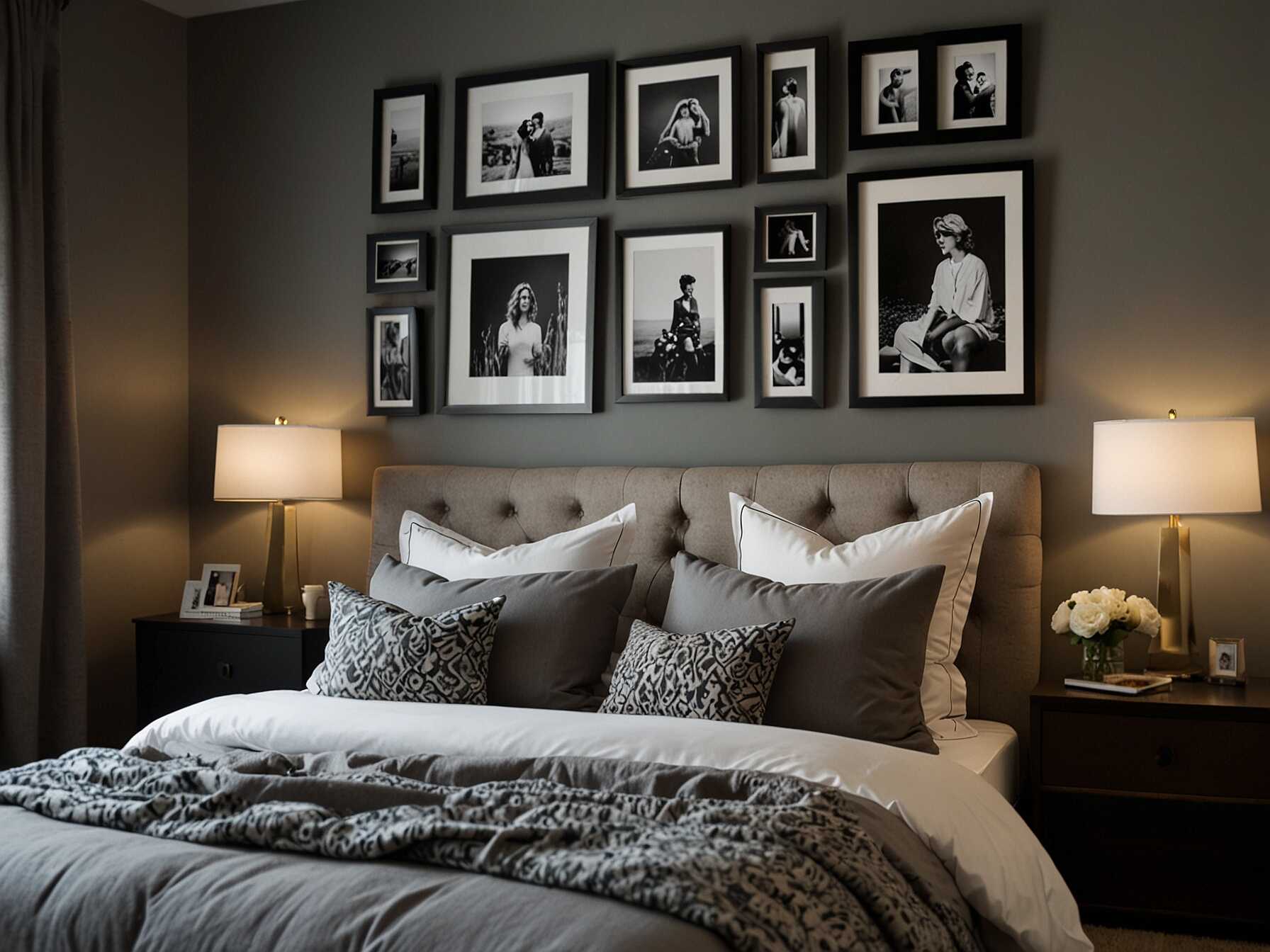 A gallery wall showcases your favorite photos and art. Use inexpensive frames and your favorite prints to personalize your bedroom.  