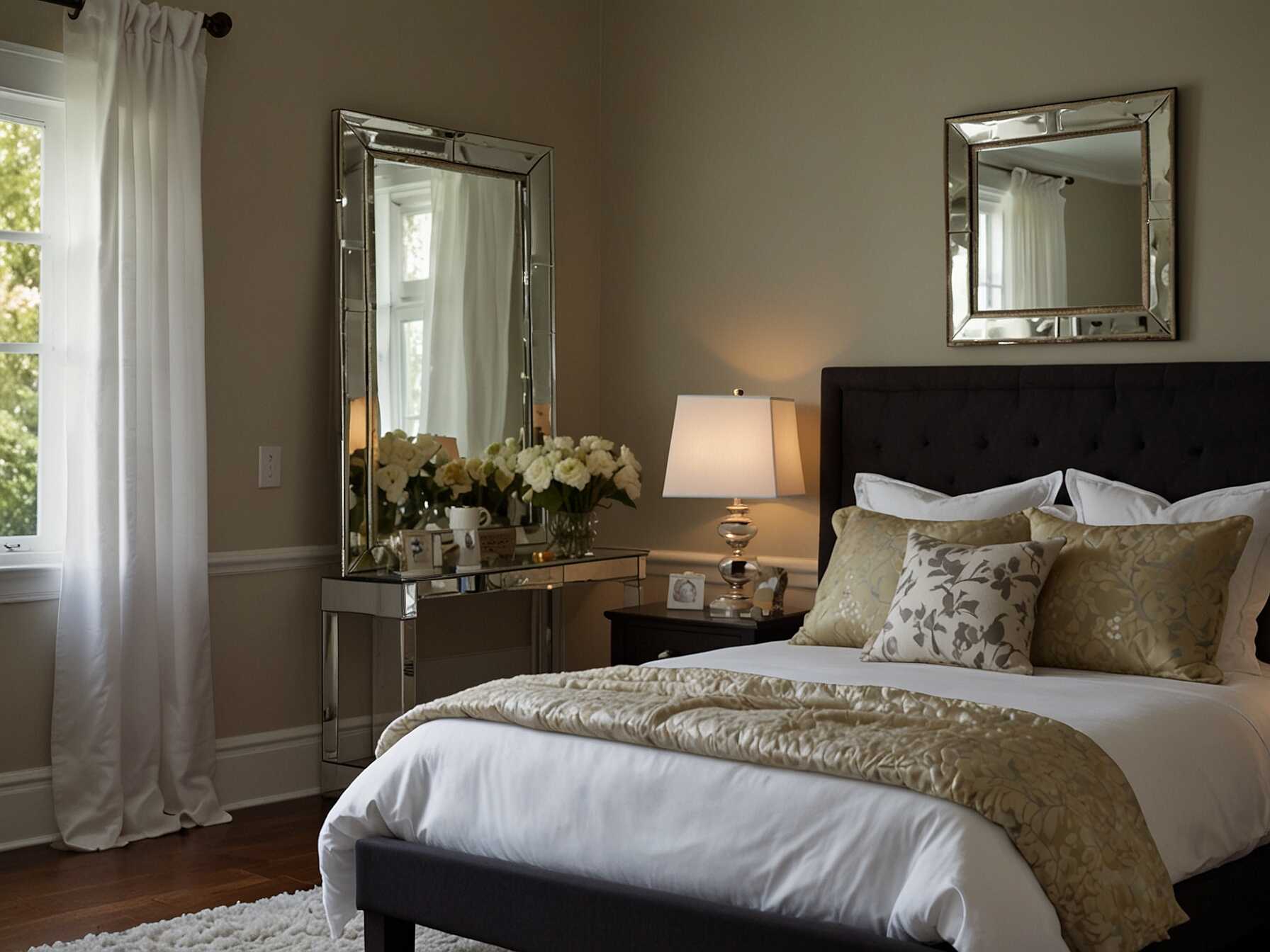 Mirrors make small bedrooms feel bigger. They reflect light and add a decorative touch. Look for affordable mirrors at discount stores.  