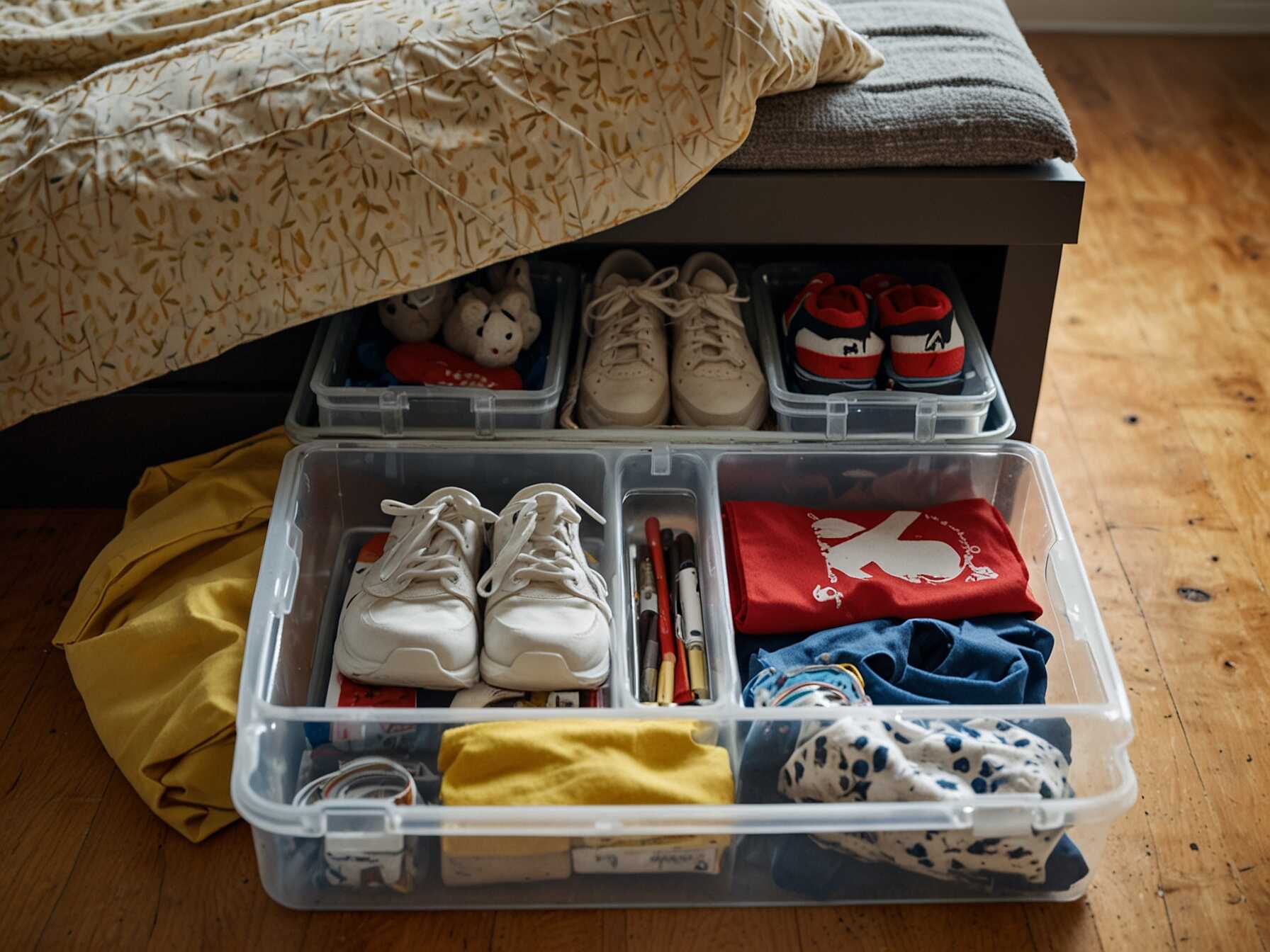 Store items under your bed to free up space. Use clear bins or storage bags to keep things organized and accessible.  