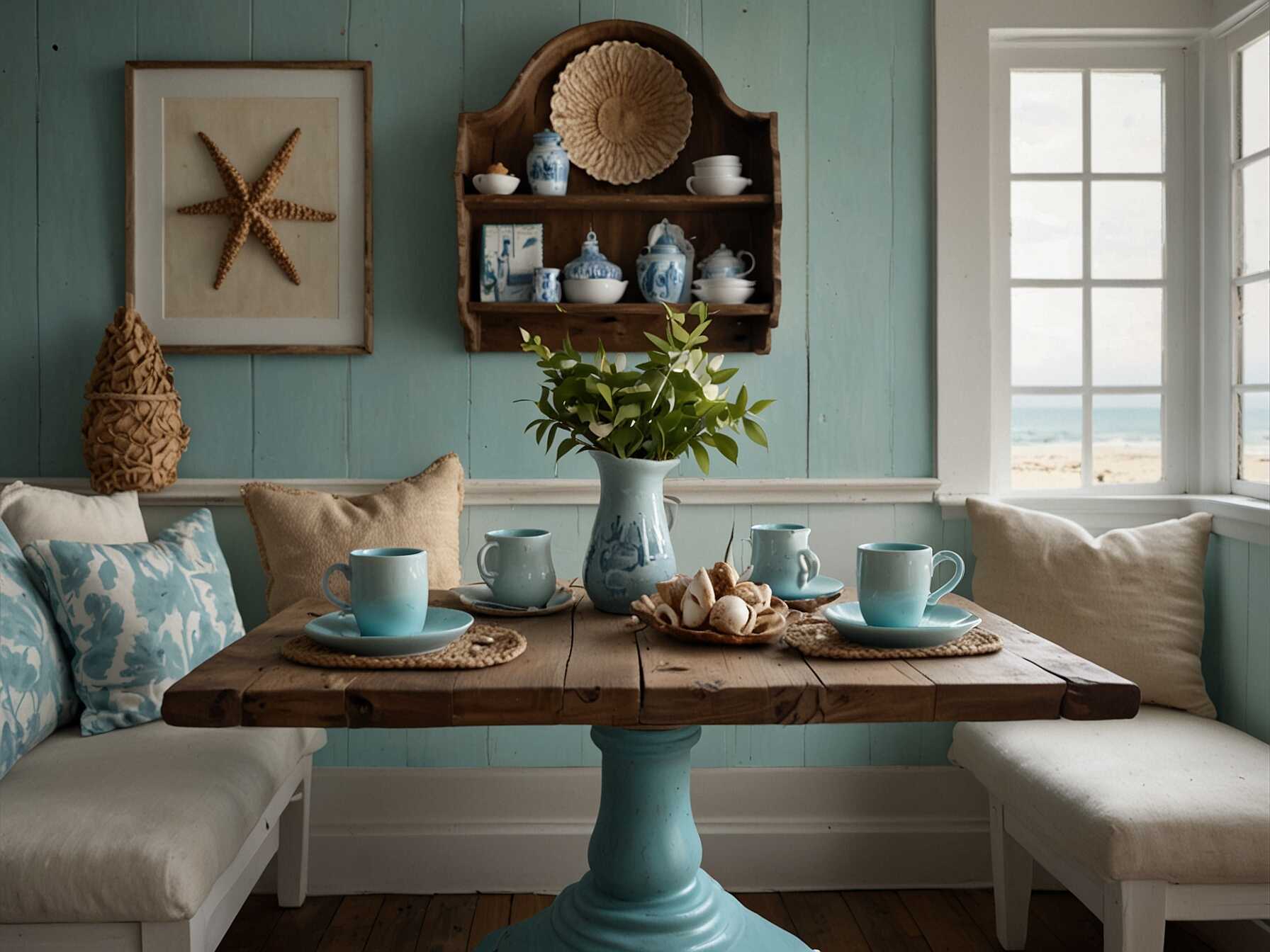 Create a breakfast nook with beach house vibes by using light blues, whites, and nautical decor. Seashells, ropes, and driftwood can add to the coastal feel.  