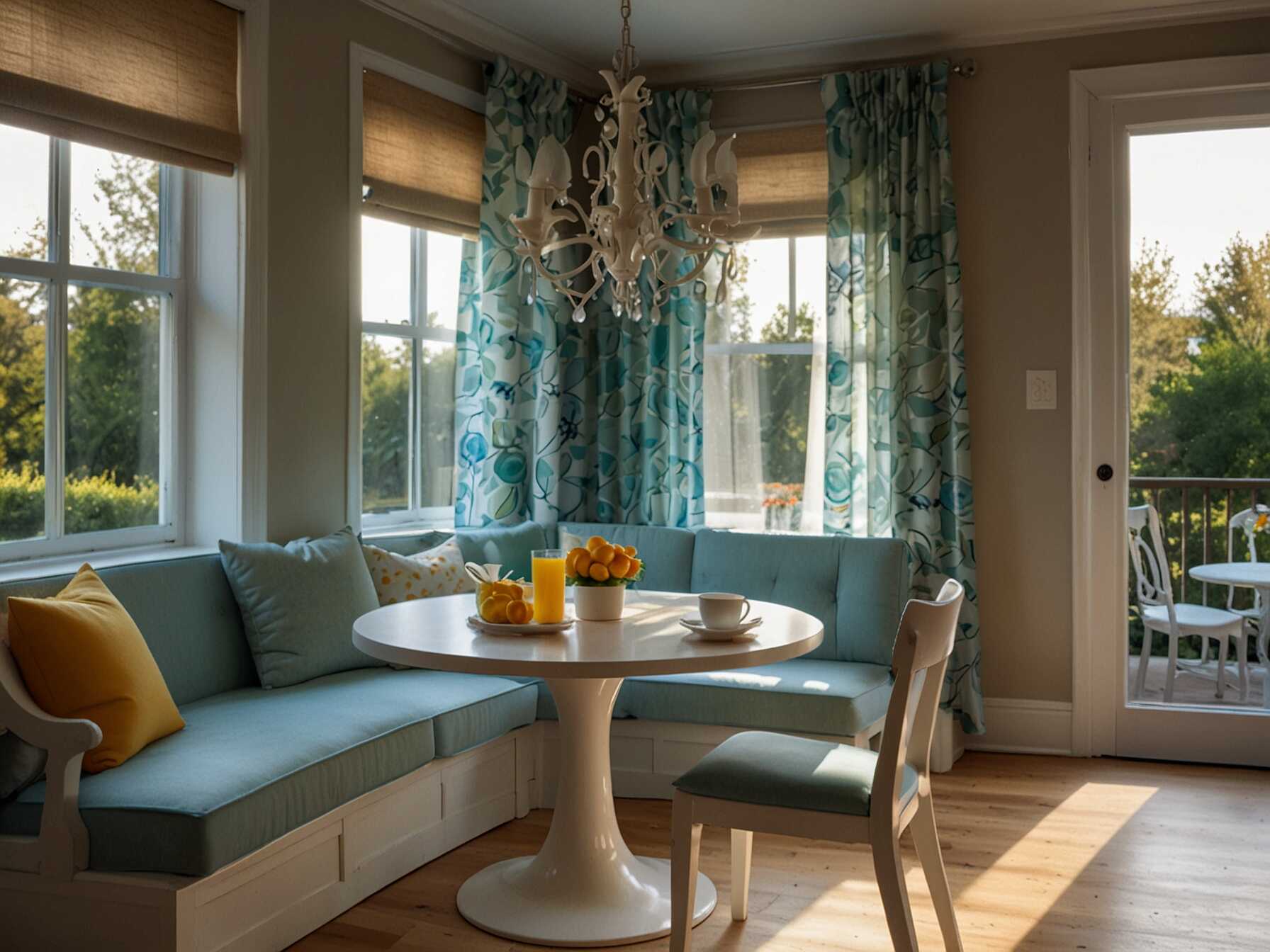 Create a bright and airy breakfast nook by placing it near a window. Use light colors for the furniture and decor. Sheer curtains can add a breezy and cheerful vibe to your mornings.  