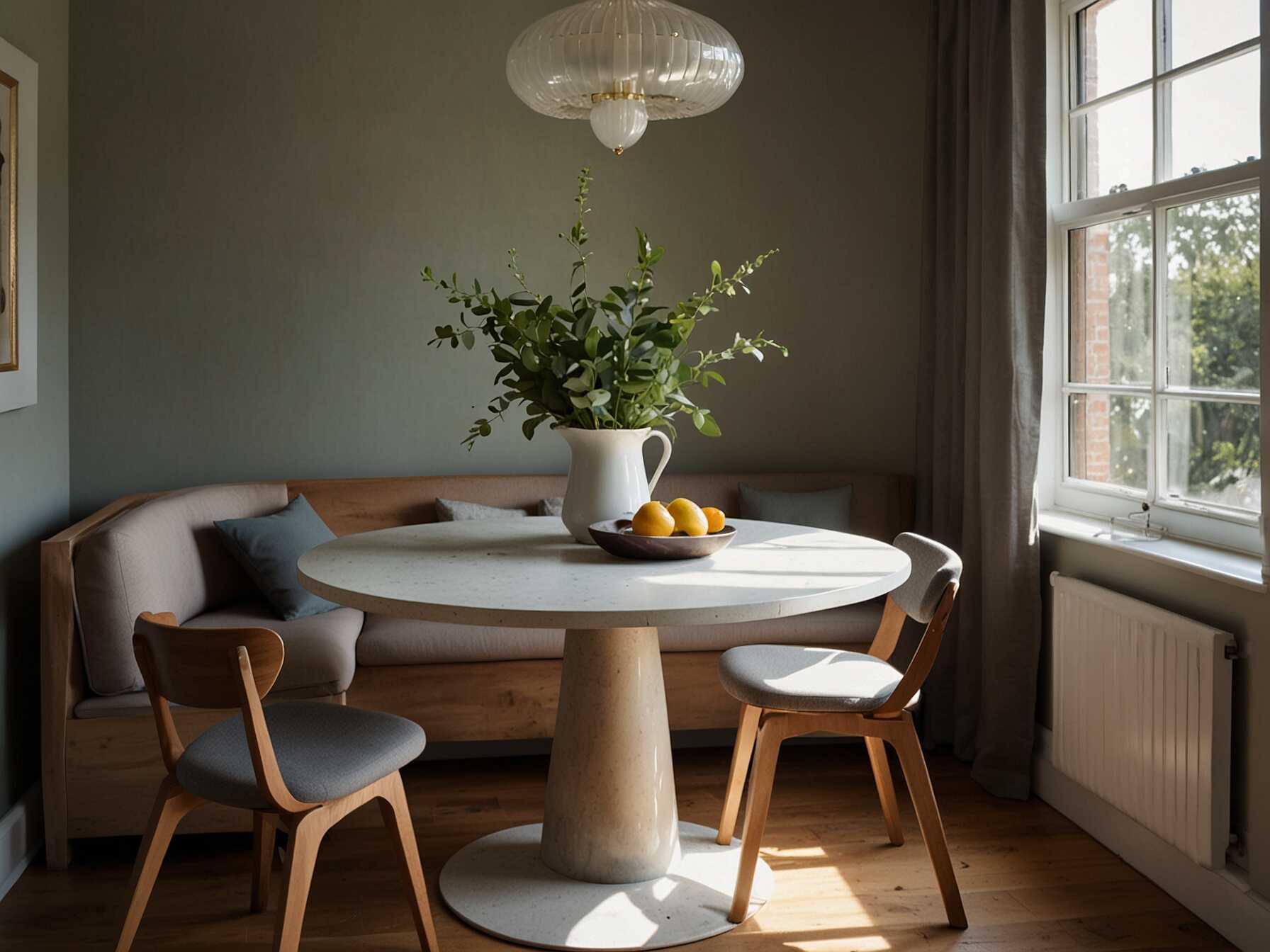 Use a circular table in your breakfast nook for a friendly and communal feel. Its great for conversations and makes the space more inviting. Round tables also save space.  