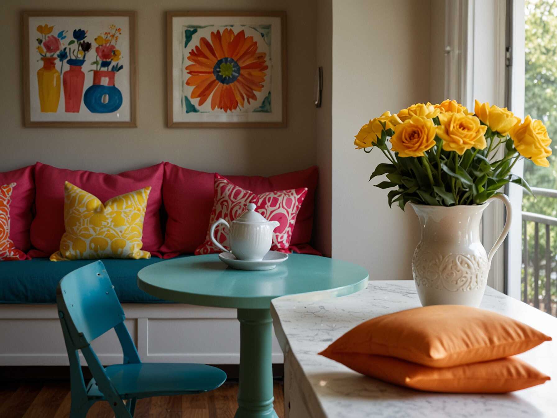 Brighten your breakfast nook with colorful accents. Use vibrant cushions, tablecloths, and artwork to make the space lively. A pop of color can instantly uplift your mood.  