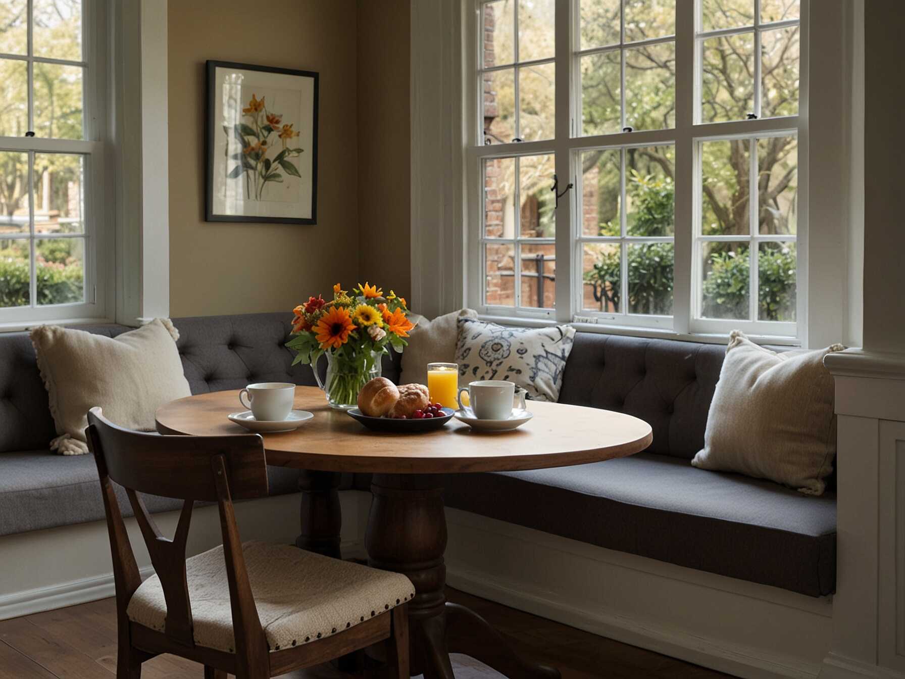 A breakfast nook with a cozy corner bench gives a warm and inviting feel. Use comfy cushions and soft throws to make it a perfect spot for morning coffee and chats. Add a small, round table for an intimate setting.  